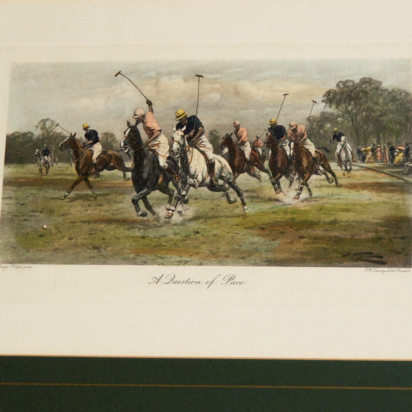 C. 1900, After George Wright (British, 1860-1944), hand-colored etchings of polo playing. Published by E.W. Savory, Ltd, Bristol, the set of 4 framed prints includes 