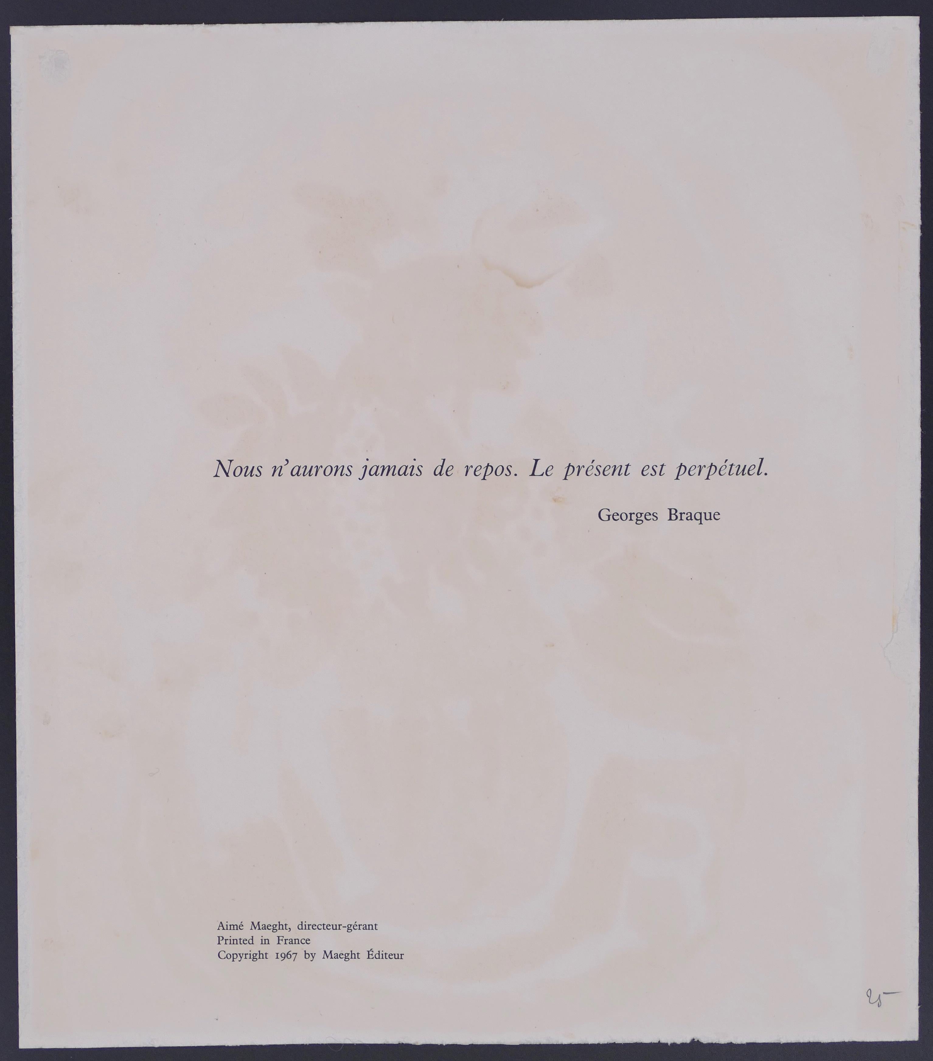 Le Repos ist eine Original-Lithographie von Georges Braque (nach) (Argenteuil, 1882 - Paris, 1963) aus dem Jahr 1967.

Original-Lithographie auf Papier.

Herausgegeben von Maeght Editeur, Paris. Credits auf der Rückseite gedruckt.

Neuwertige