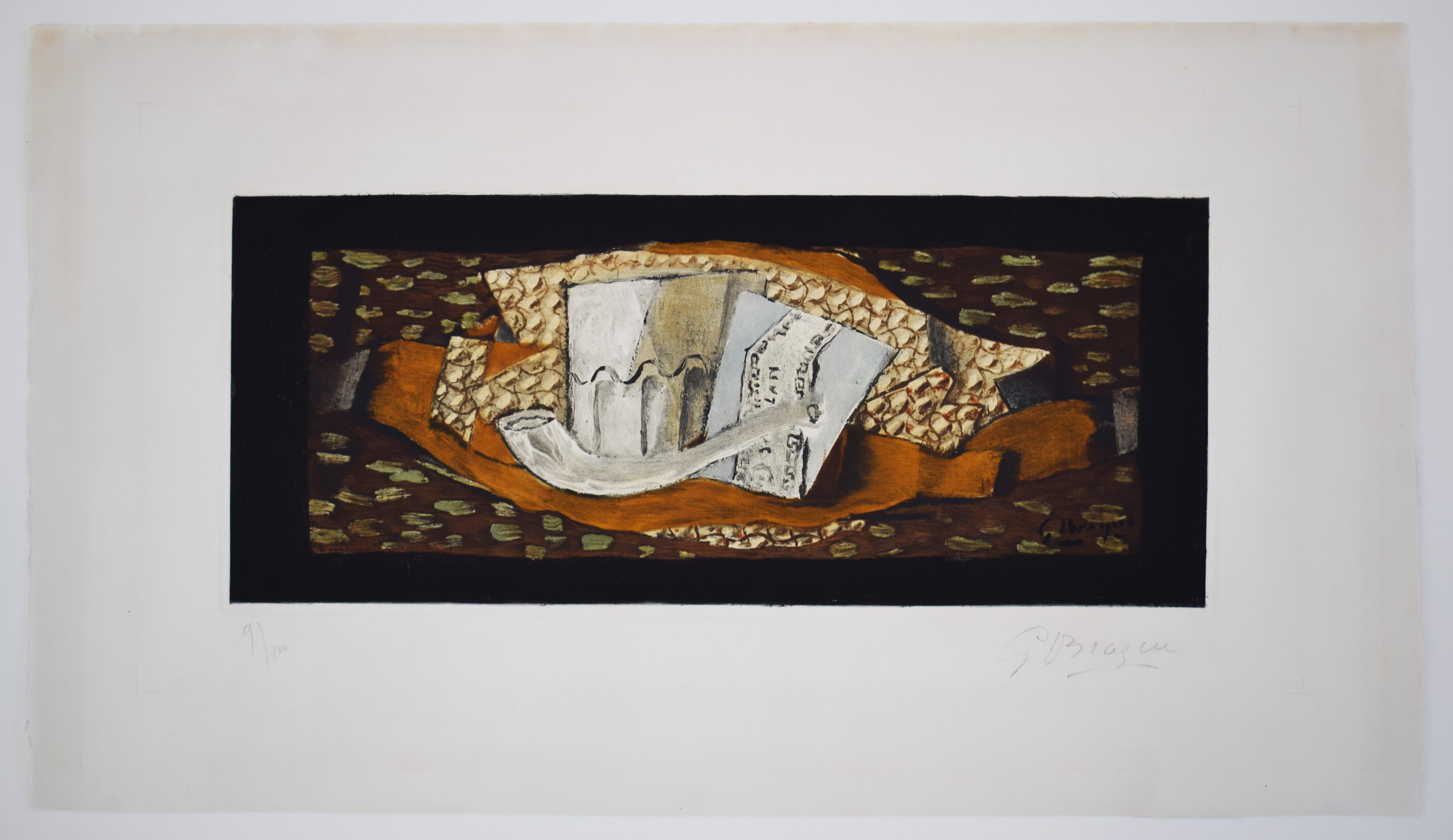 Nature morte au verre et à la pipe - Nature morte cubisme français - Print de (after) Georges Braque