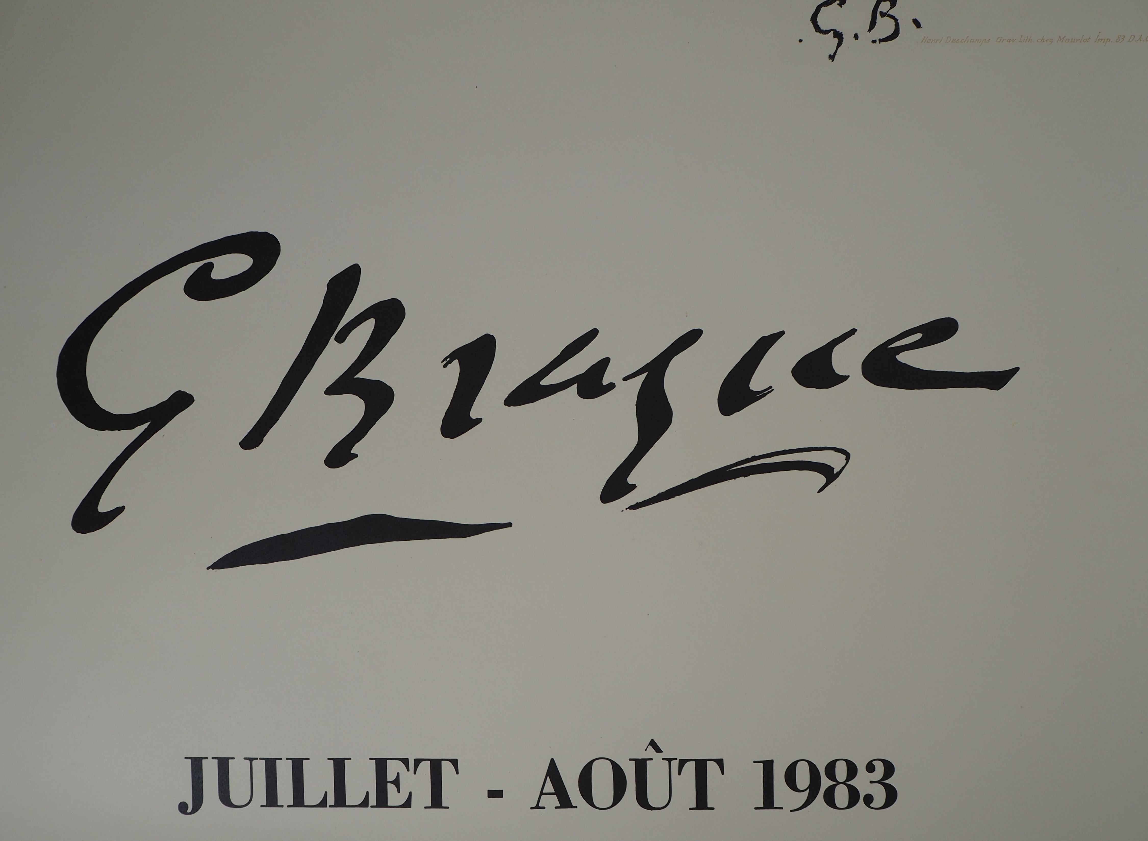 Georges Braque (after)
Two Birds Flying, 1983

Lithograph (printed in Atelier Mourlot)
Printed signature in the plate
On heavy paper 89 x 61 cm (c. 36 x 24 inch)
Original lithograph poster for the 1983 Braque exhibition at Musée d'Art Moderne -