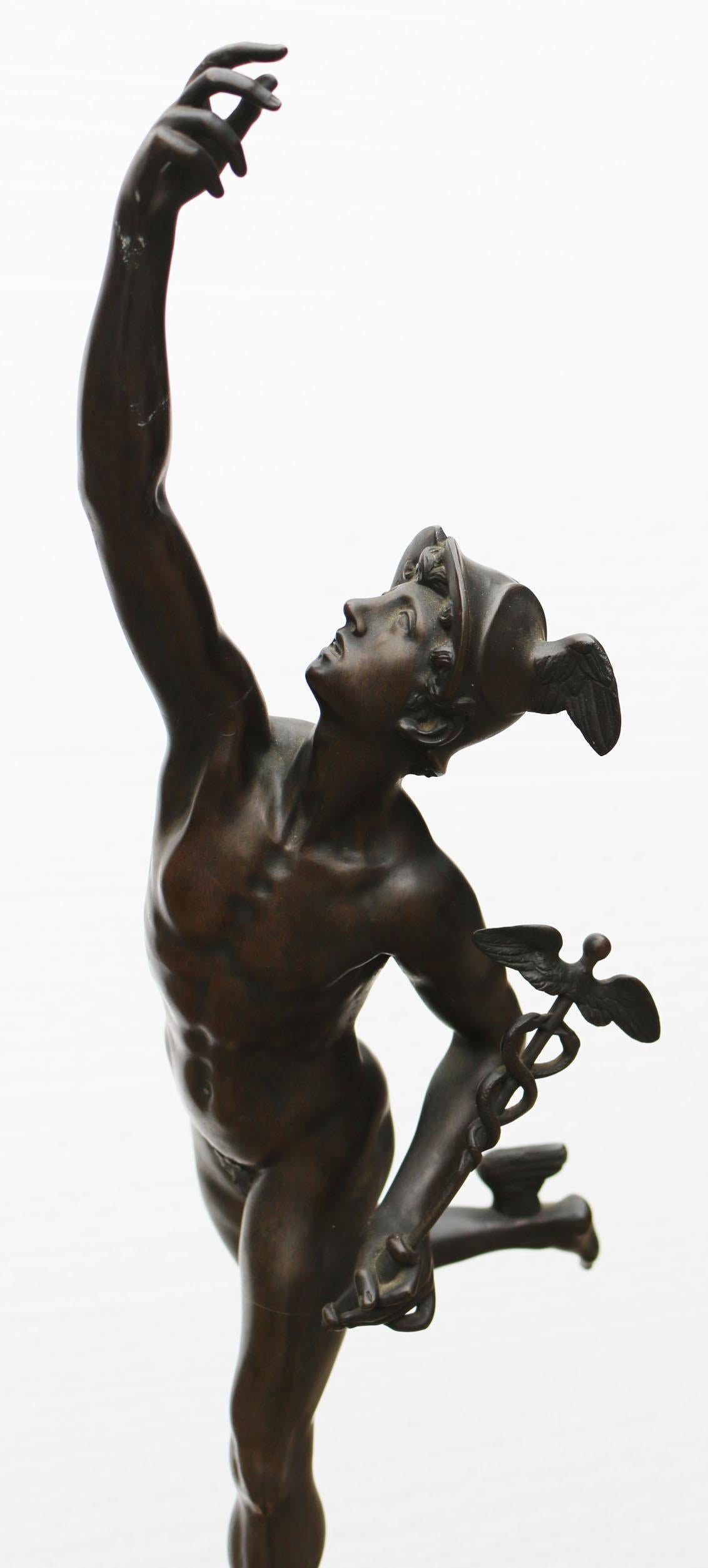 About

A stunning bronze figure of Mercury, holding a Caduceus standing upon the breath of a Nimbus, on a circular base stamped, Jean De Bologne. French or Italian, Circa 1900. 

Condition report:

There is no damage to the statue, in very