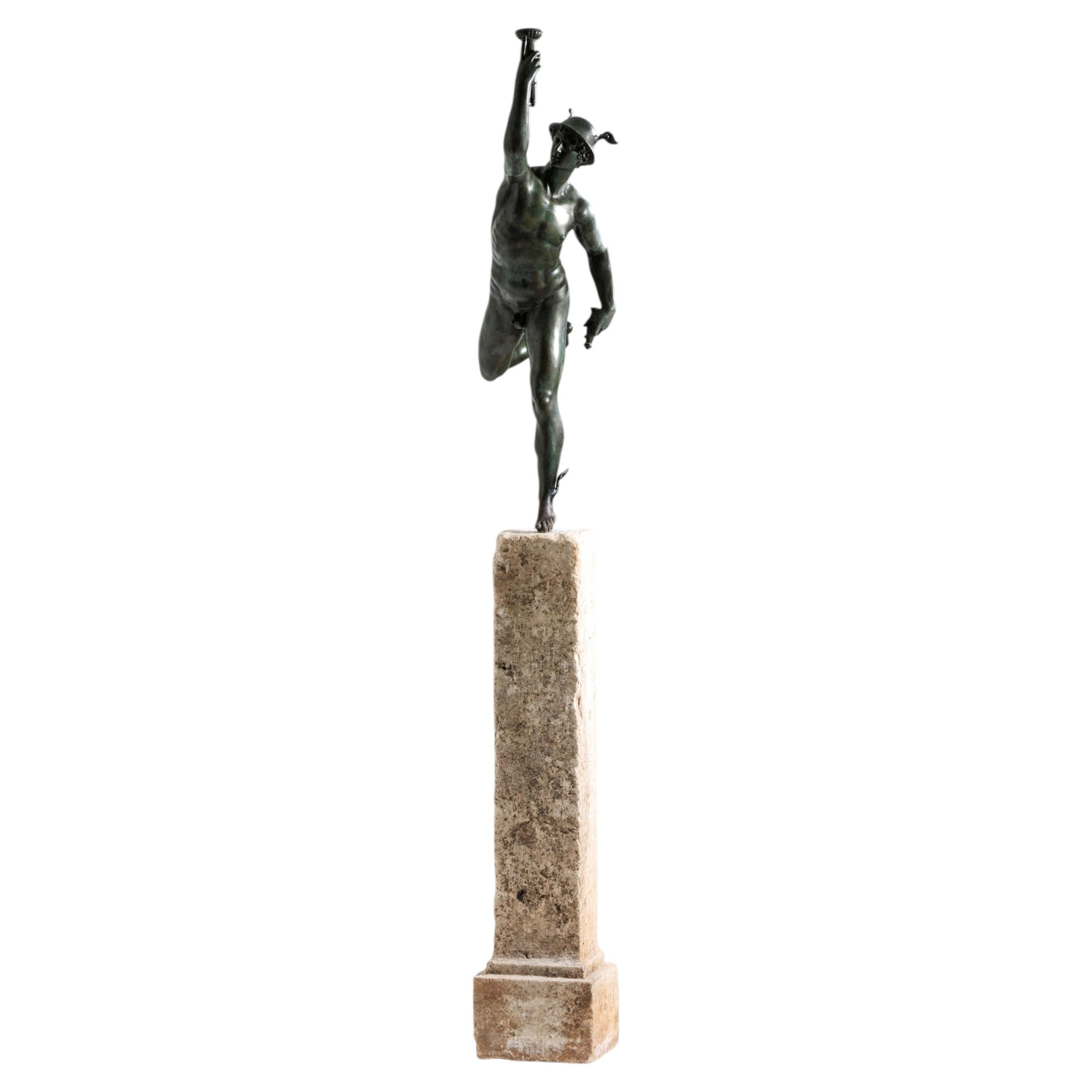 After Giambologna - Large Grand Tour Bronze of Mercury on Carved Stone Column