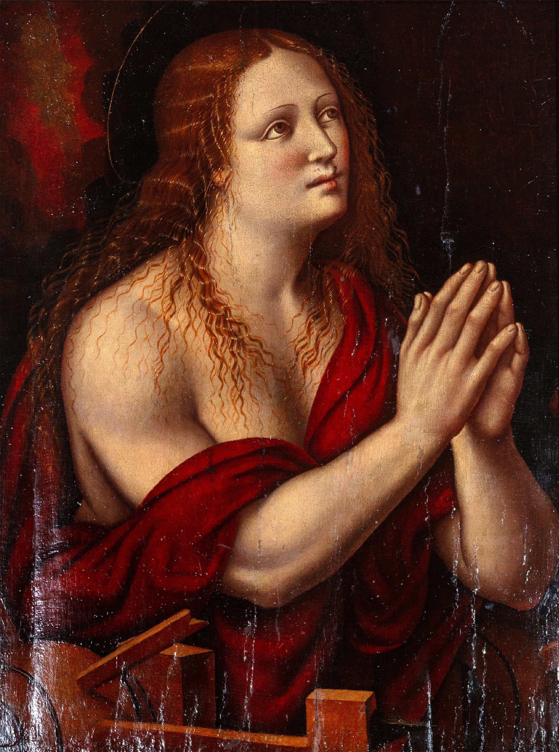 19th century classical religious oil painting portrait female subject red dark - Painting by (After) Giampietrino