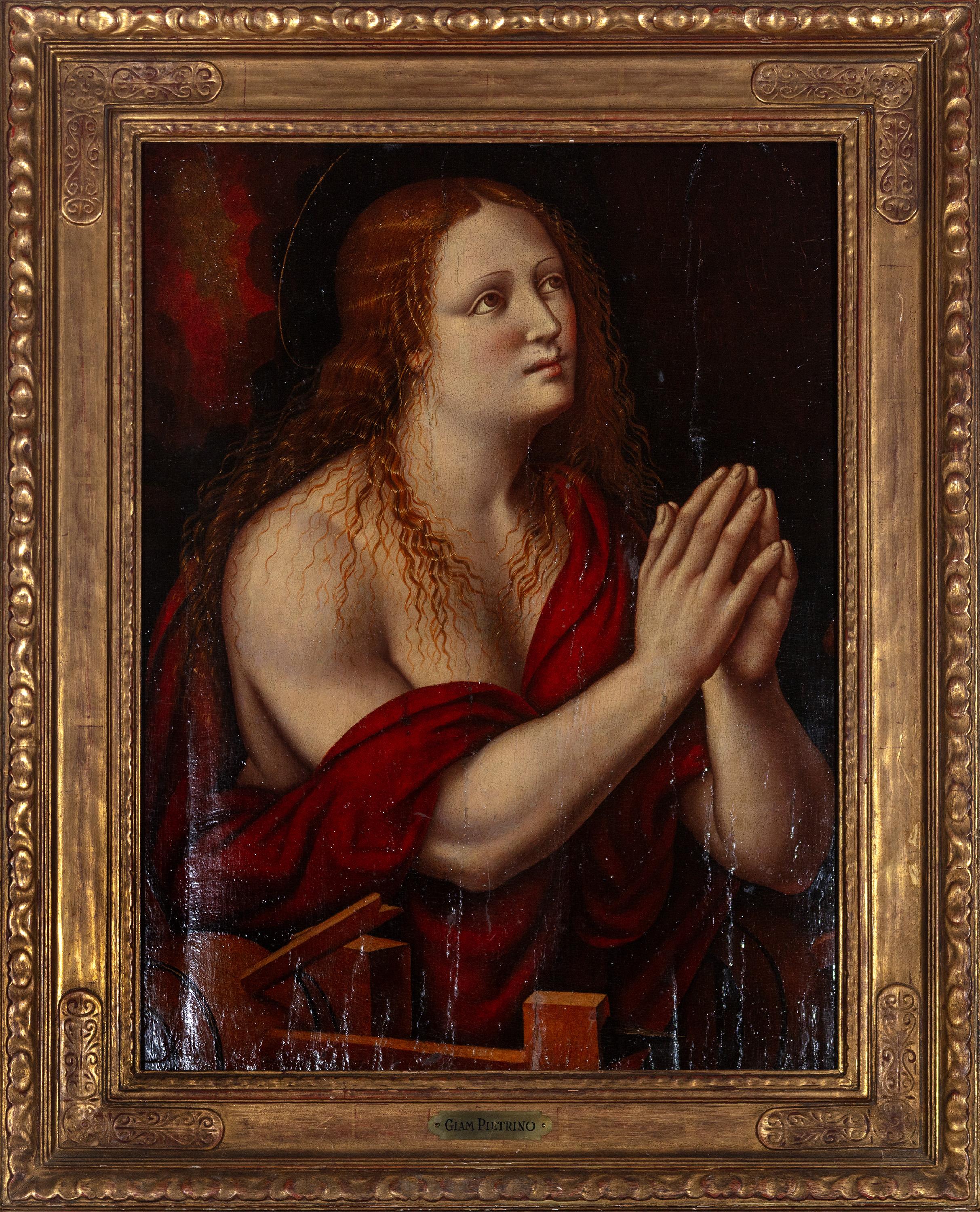 (After) Giampietrino Figurative Painting - 19th century classical religious oil painting portrait female subject red dark