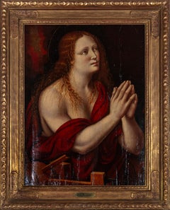 Antique 19th century classical religious oil painting portrait female subject red dark
