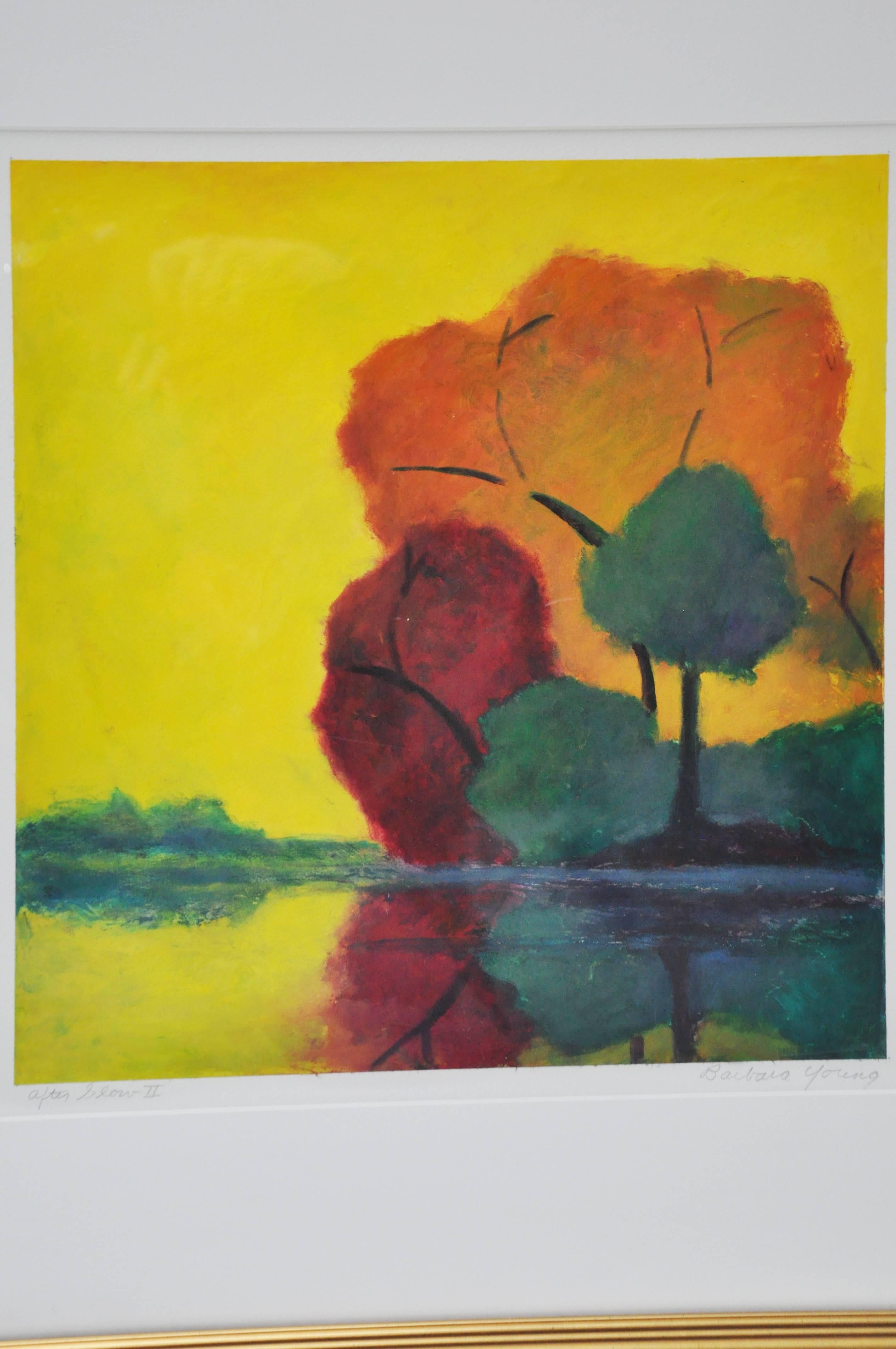 This is a vibrant monotype print with white mat in gold frame. Three others in this series are offered in other listings. Barbara Young graduated from the University of Cincinnati with a B.S in Design. She later studied printmaking at Edgecliff