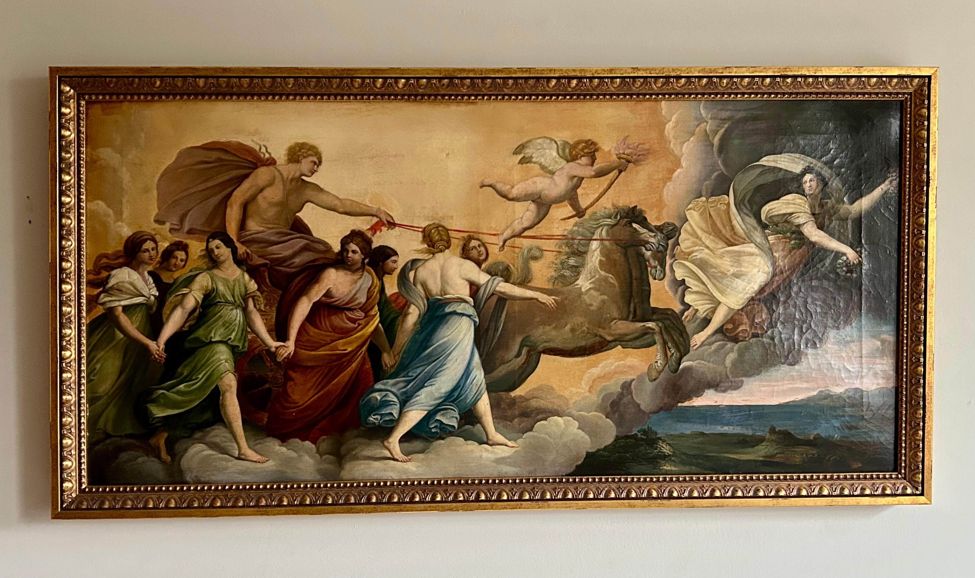Maravillosa copia del siglo XIX de la obra maestra de Guido Reni, La Aurora,  un gran fresco barroco pintado en el techo  en 1614 para el Casino, o casa-jardín, adyacente al palacio Pallavicini-Rospigliosi, en Roma. La obra se considera la obra