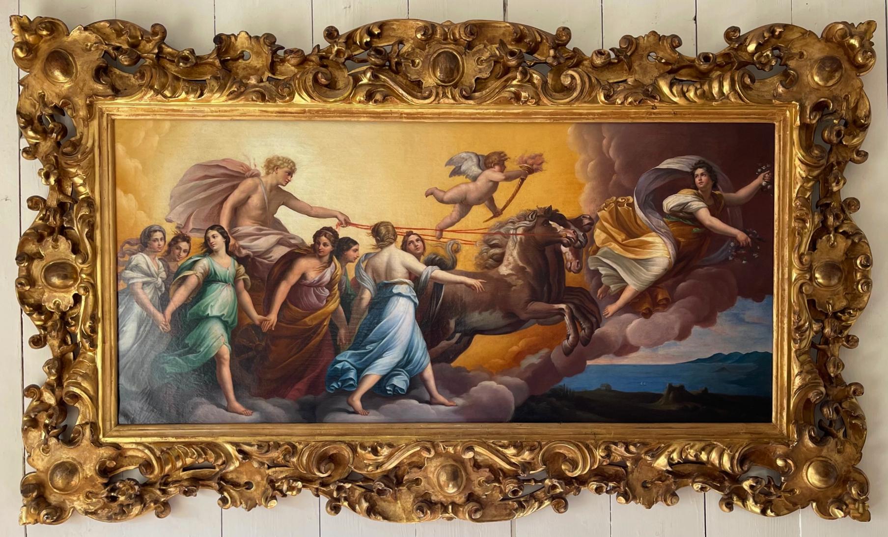 After Guido Reni, 19th Century
L’Aurora
oil on canvas
21 x 43 ⅝ in. (53.3 x 110.8 cm.)
frame 32 ¼ x 55 in. (81.9 x 139.7 cm.)

After the fresco in the Casino dell’Aurora, Rome.

Presented in a carved gilt-wood Florentine frame.

Guido Reni’s