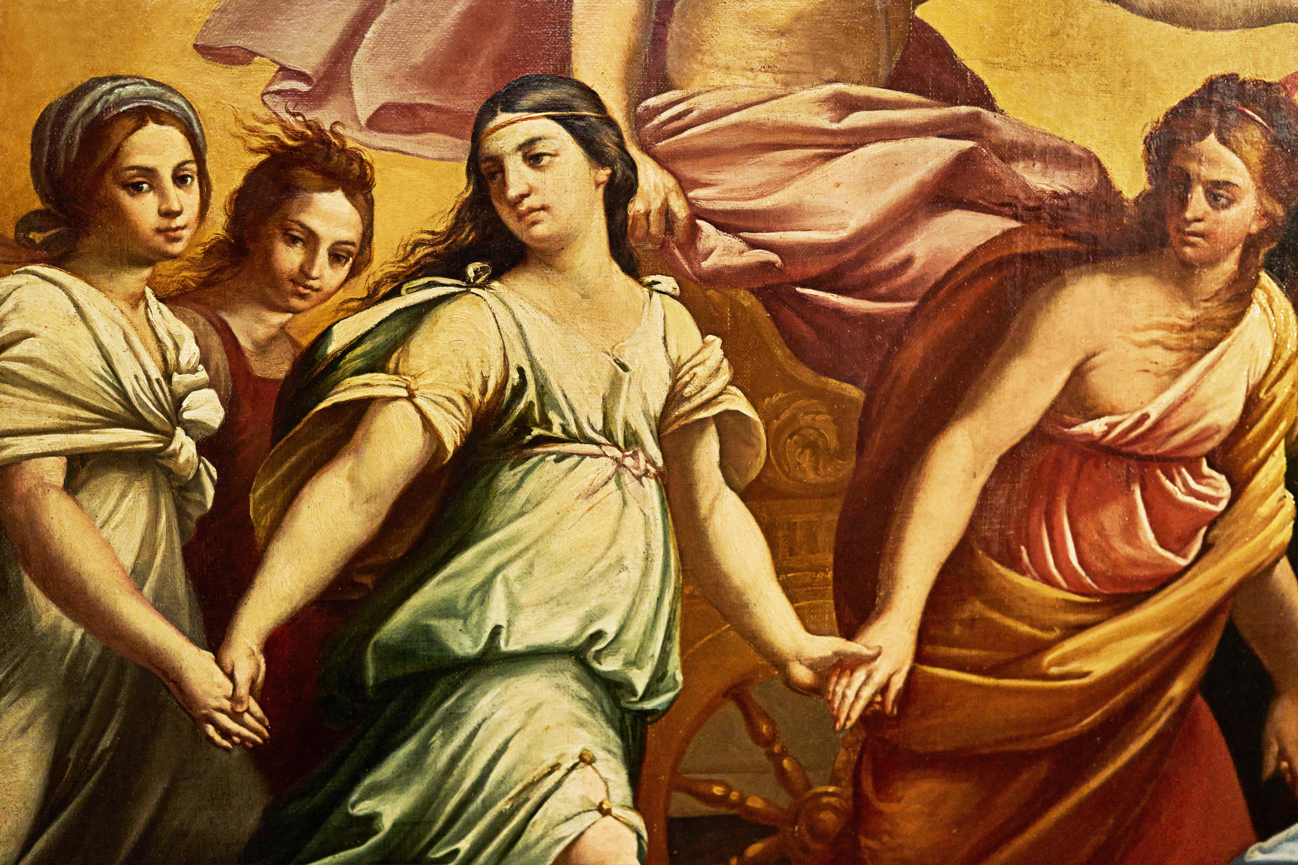 A monumental 19th century Italian oil painting on canvas.
Titled: Aurora, after Guido Reni.
Presented in the original carved gilt-wood frame.

Guido Reni’s masterpiece L’Aurora was executed in 1614, and the striking image is as powerful today as it