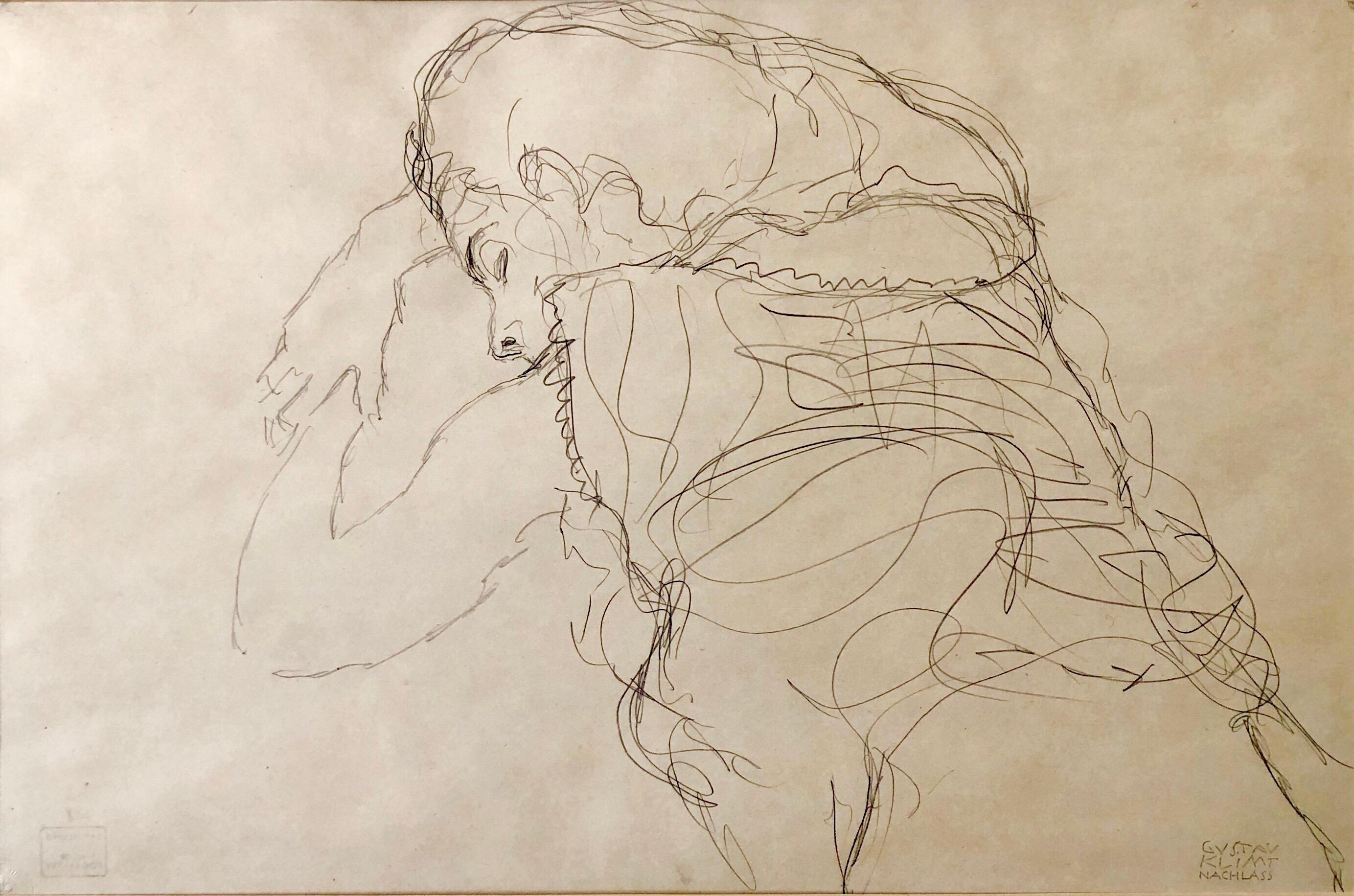 (after) Gustav Klimt Figurative Print – Erotic Sleeping Woman Österreichische Lithographie Nude Boudoir Zeichnung