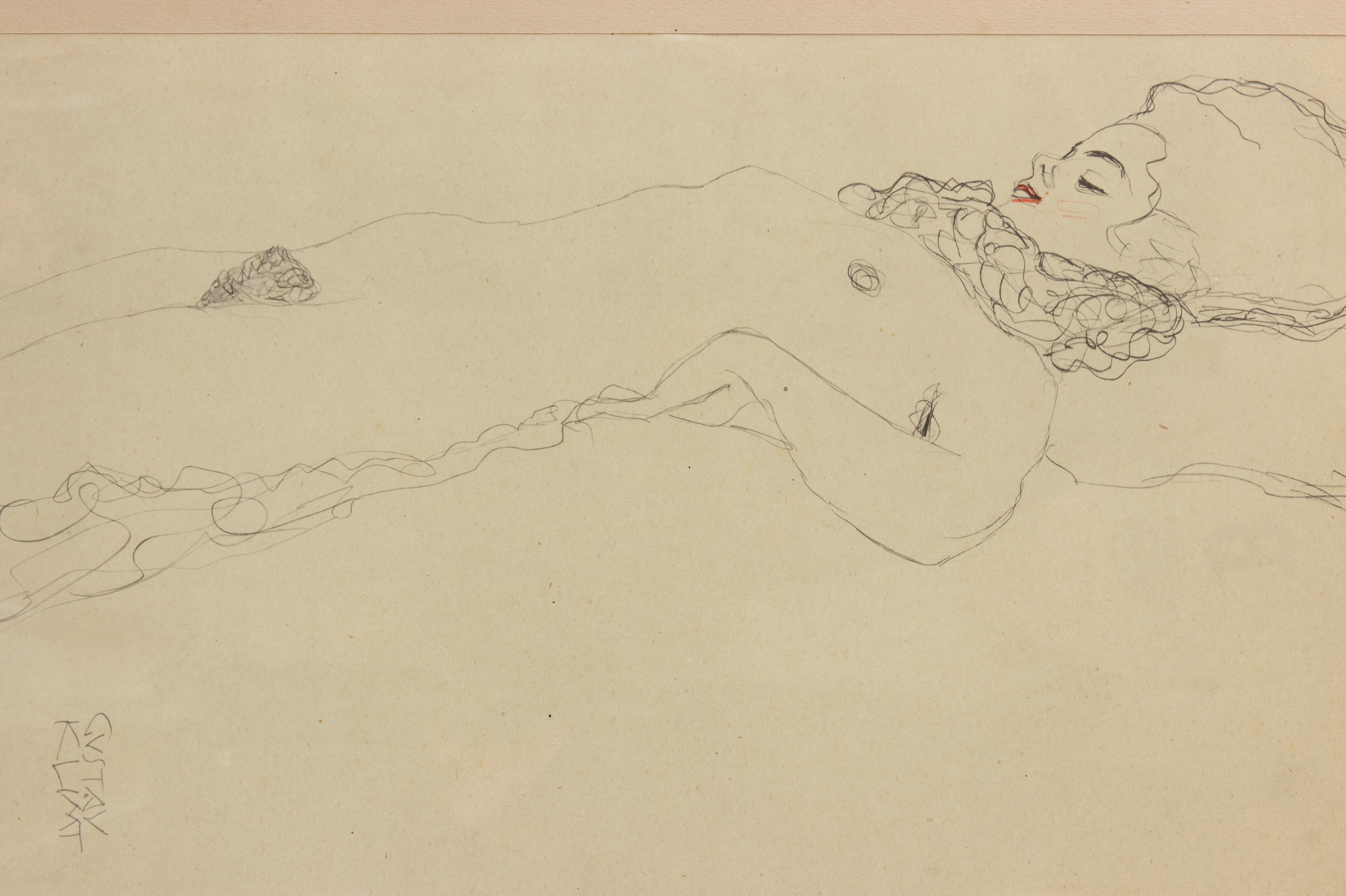 Female Nude Lying with Scarf is a vintage, beautiful, and rare collotype from “Gustav Klimt: Fünfundzwanzig Handzeichnungen”, a limited-edition collection of 25 monochrome and two-tone collotypes after drawings by Gustav Klimt.

Published by