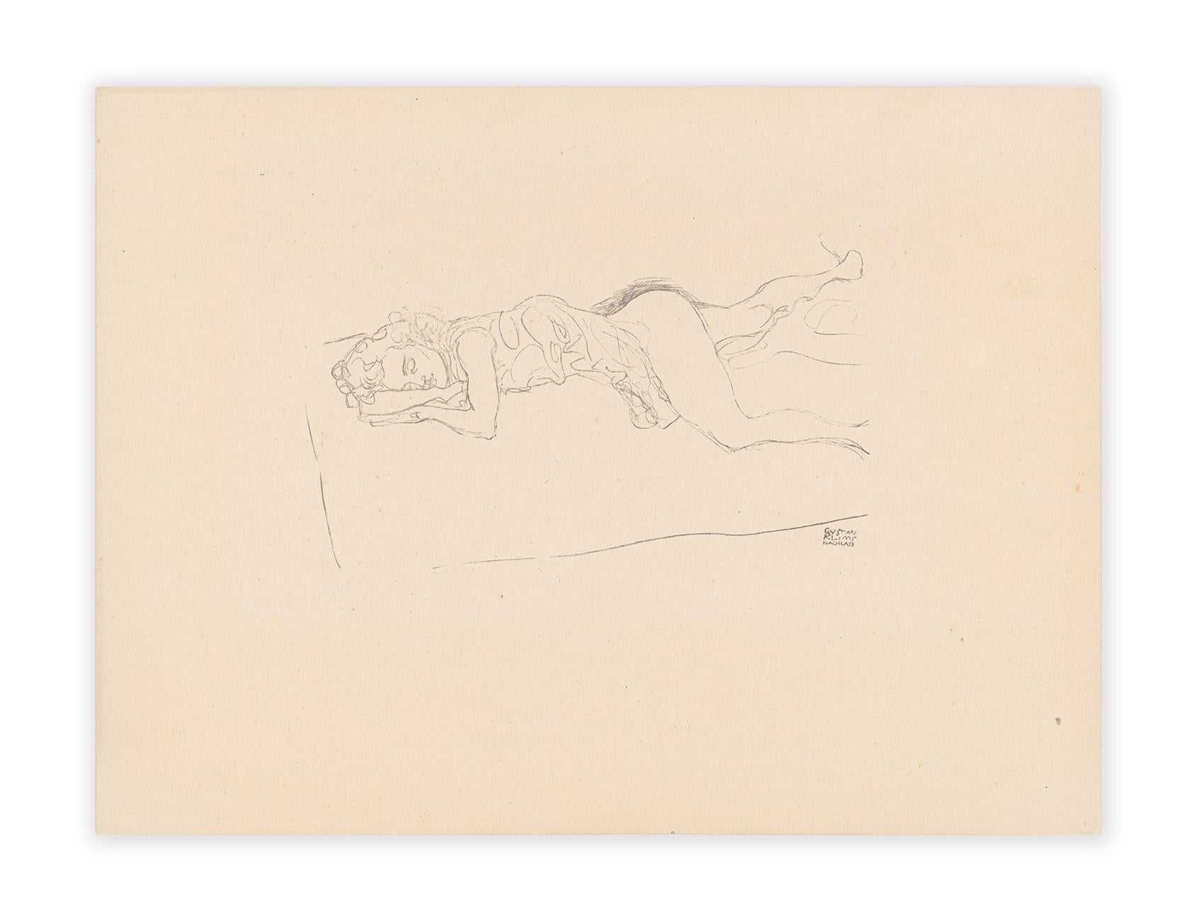 Femme semi-nue sur chambre à coucher, Gustav Klimt Handzeichnungen (Sketch), 1922 - Sécession viennoise Print par (after) Gustav Klimt