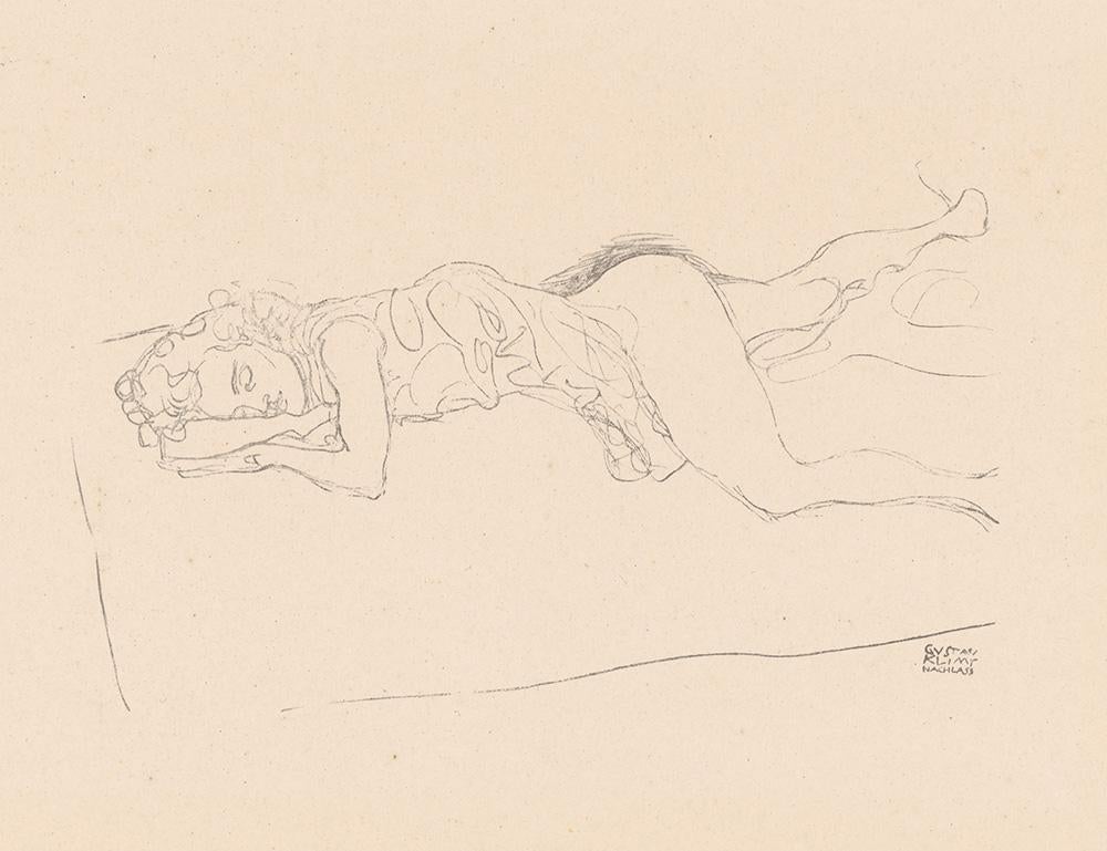 Female semi-nude on bedding, Gustav Klimt Handzeichnungen (Sketch), 1922 - Print by (after) Gustav Klimt
