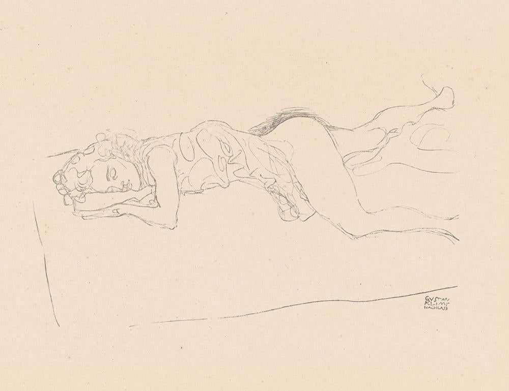 Semidesnudo femenino sobre ropa de cama, Gustav Klimt Handzeichnungen (Boceto), 1922 - Print de (after) Gustav Klimt