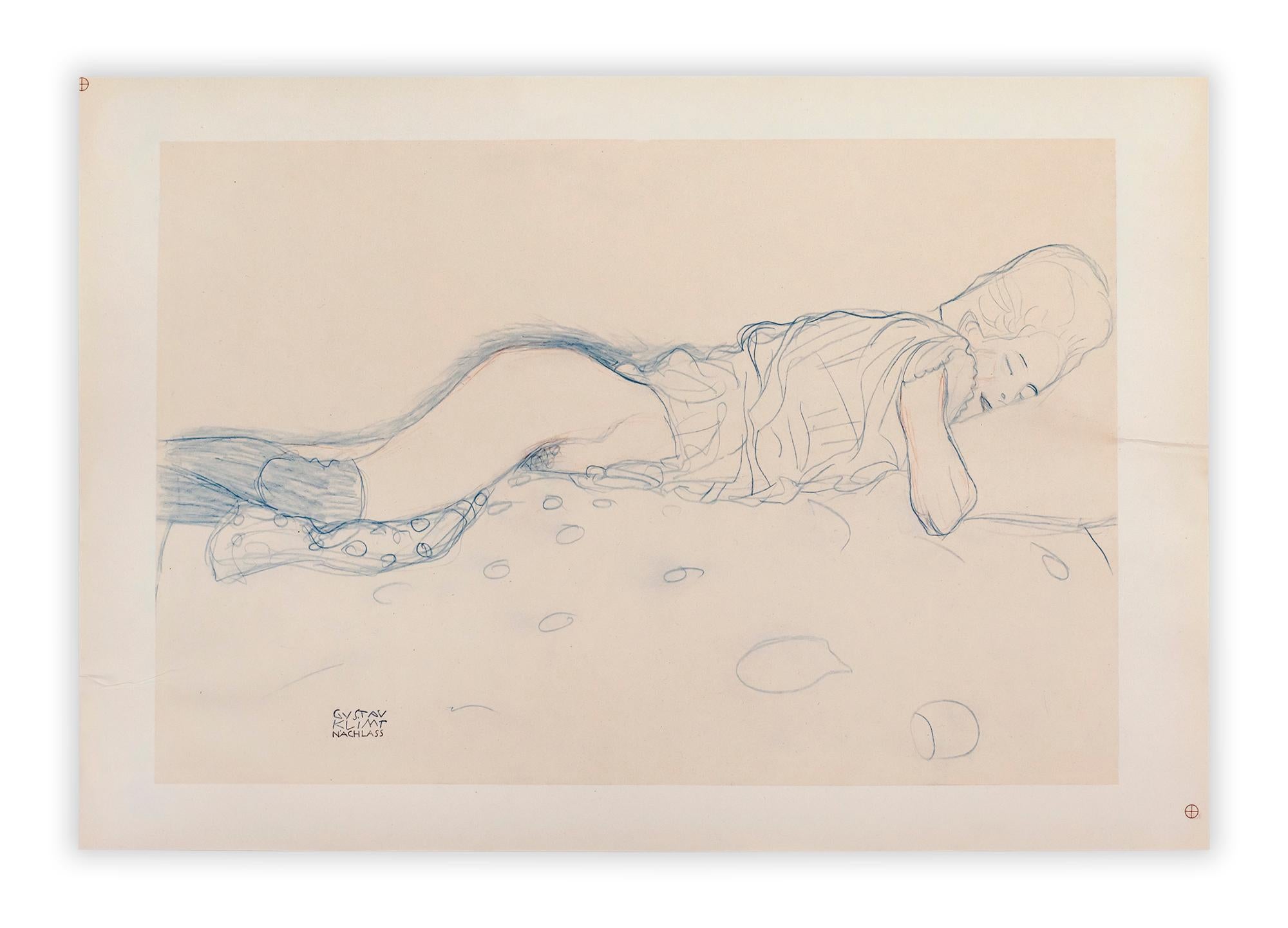 Lithographie en couleurs créée à partir de l'esquisse de Gustav Kilmt représentant une figure semi-nue sur une literie. Édité par Alice Strobl et publié en 1964 par Akademische Druck und Verlagsanstalt Graz à Vienne.

La maîtrise de la profondeur