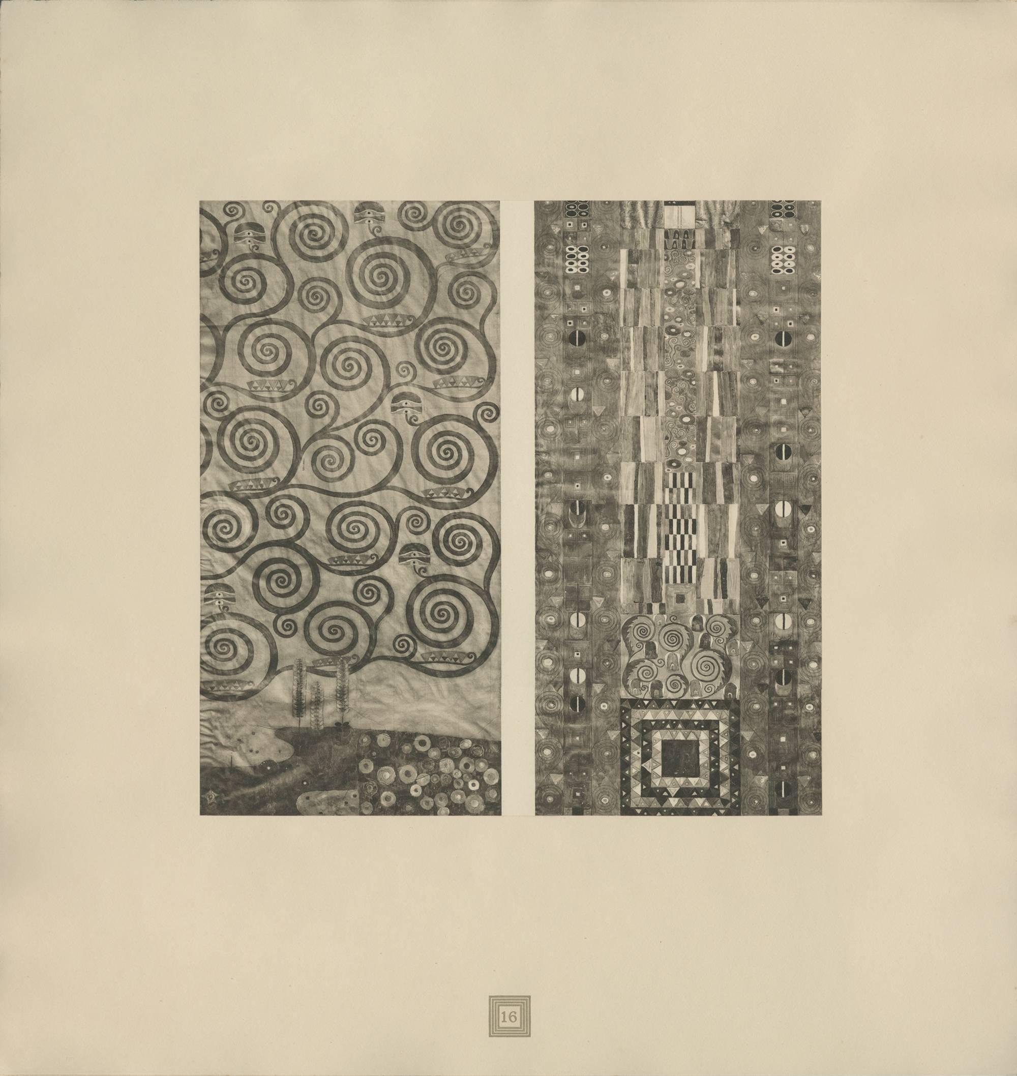After Gustav Klimt, Max Eisler Plates #13-16, black & white collotypes after the 1911 cartoon originally in crayon, graphite pencil, gouache and metal powders.
#13 Der Lebensbaum (Anfang), aka The Tree of Life (Beginning)
#14 Der Lebensbaum
