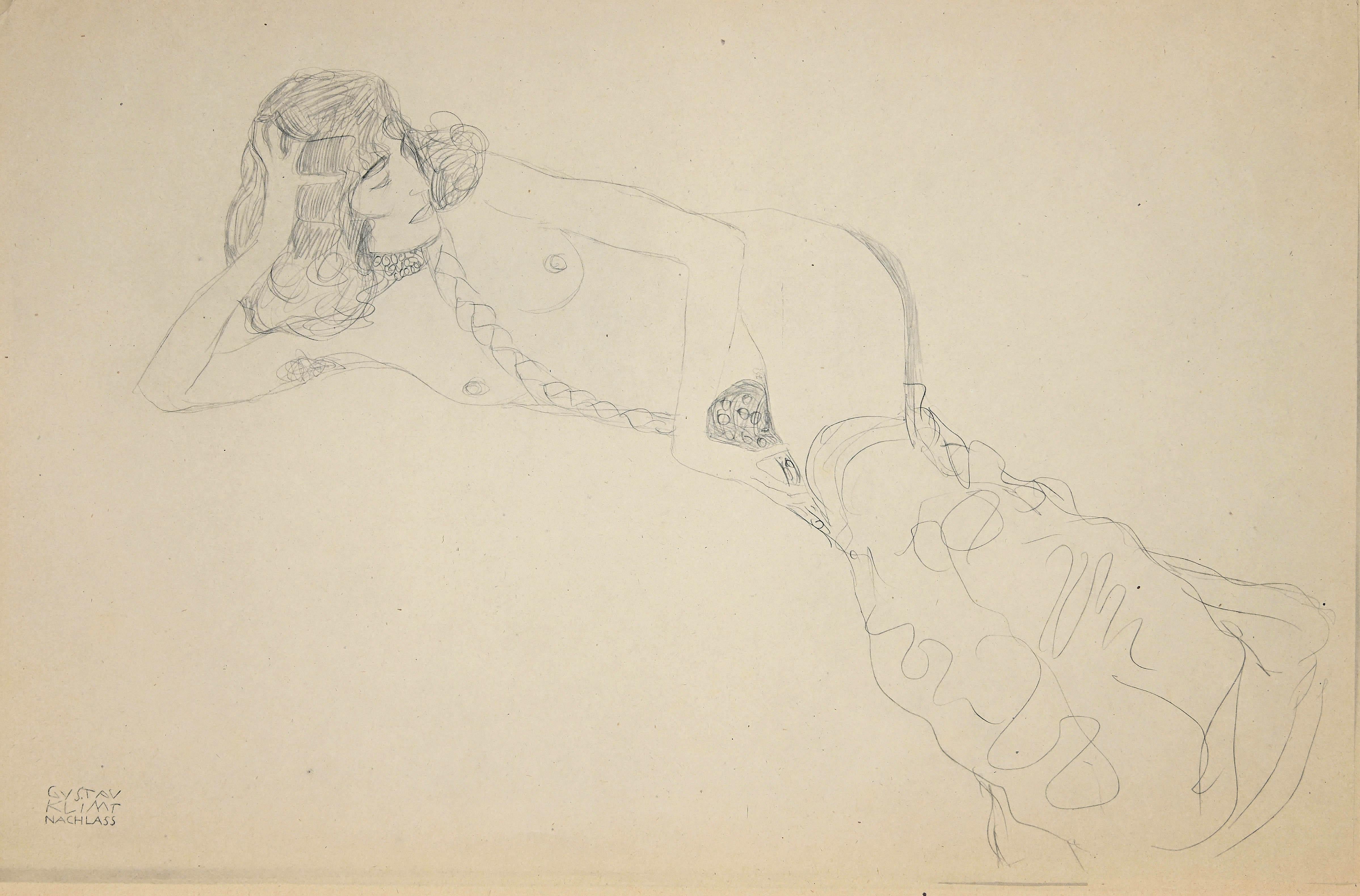 Nude of a Woman with Braids - Original Collotype After G. Klimt - 1919