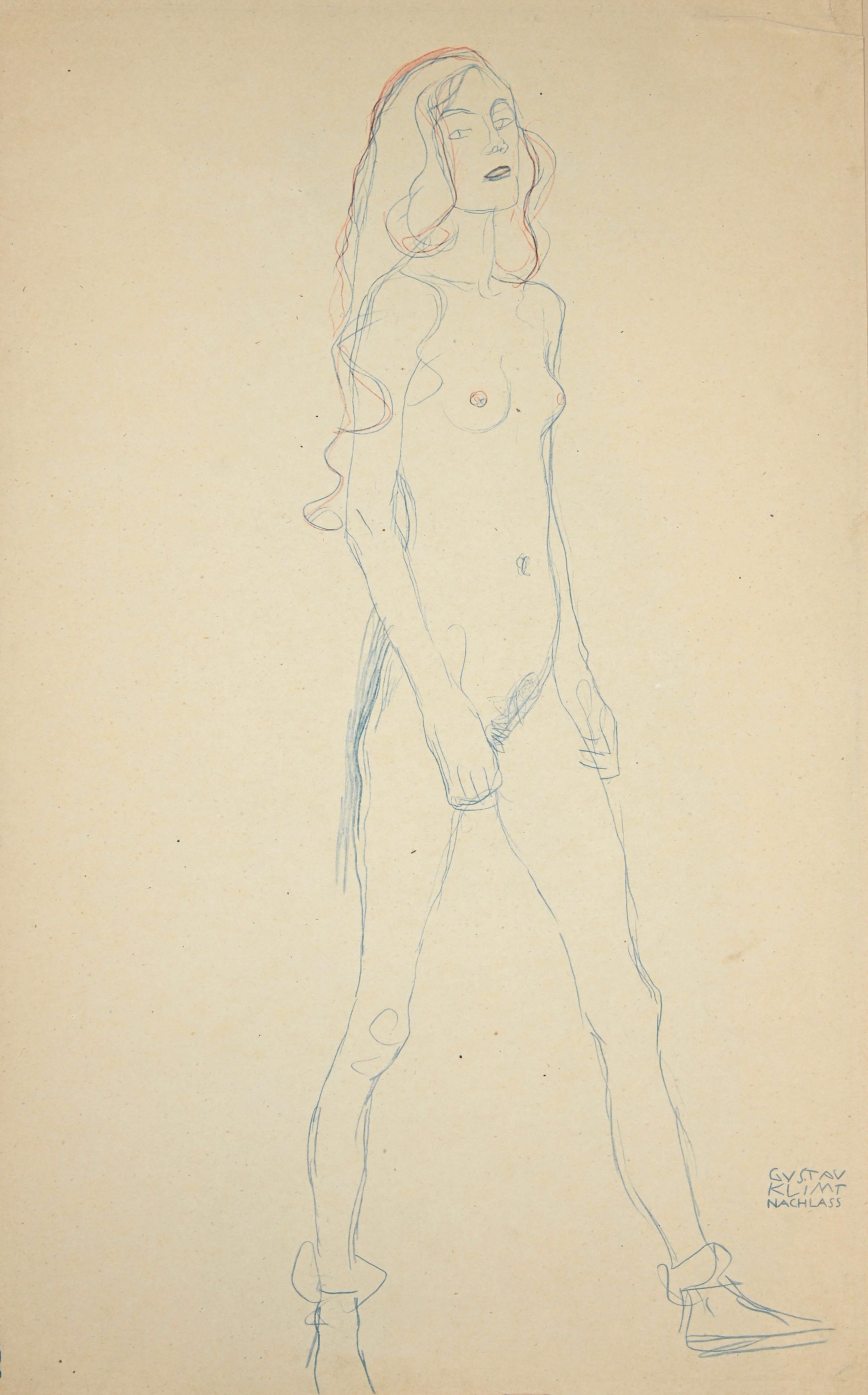 (after) Gustav Klimt Figurative Print - Nude of a Young Girl - Original Collotype Print After g. Klimt - 1919 