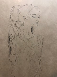 Portrait of a Woman Drawing, Austrian Lithograph Art Nouveau Vienna Secession