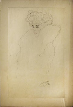 Croquis de portrait : Femme avec Boa - années 1910 - collagraphe vintage d'après Gustav Klimt