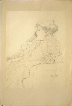 Sketched Portrait: Lady with Scarf - Collotype After G. Klimt - 1919