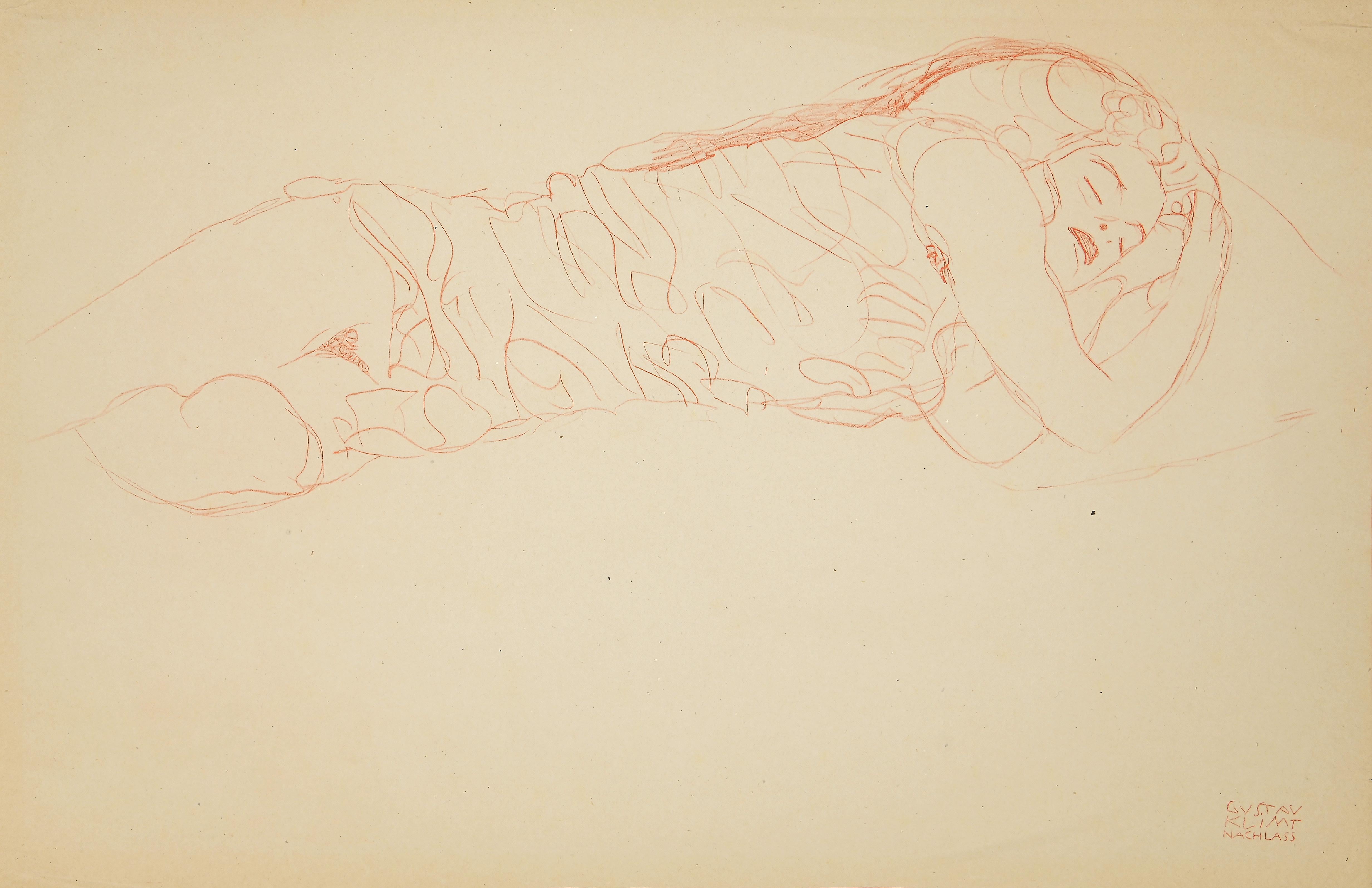 Sleeping Woman - Original Vintage Collotype Print after G. Klimt - 1919 