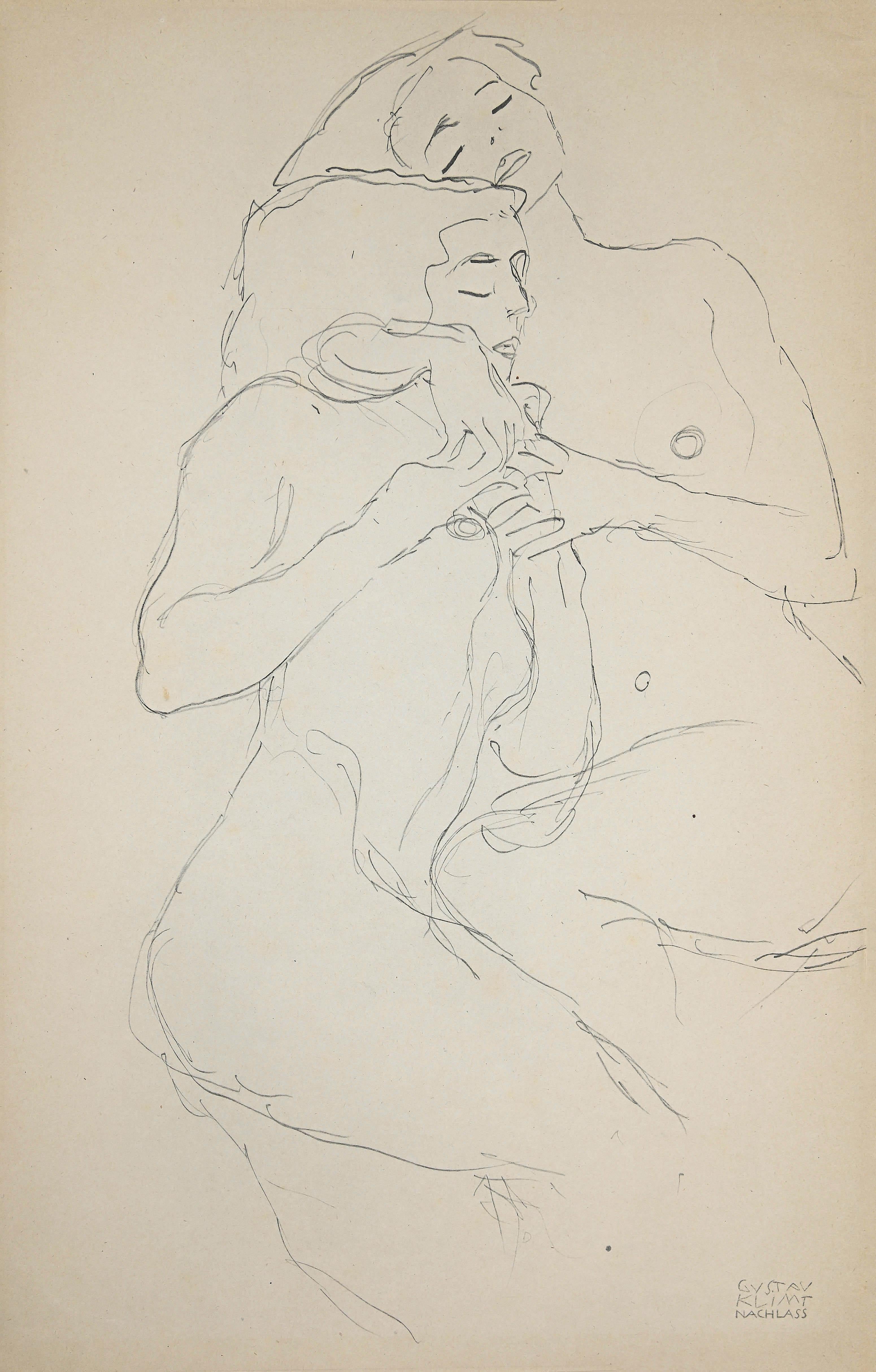 (after) Gustav Klimt Figurative Print - Two Embracing Seated Female Nudes - Original Collotype After G. Klimt - 1919