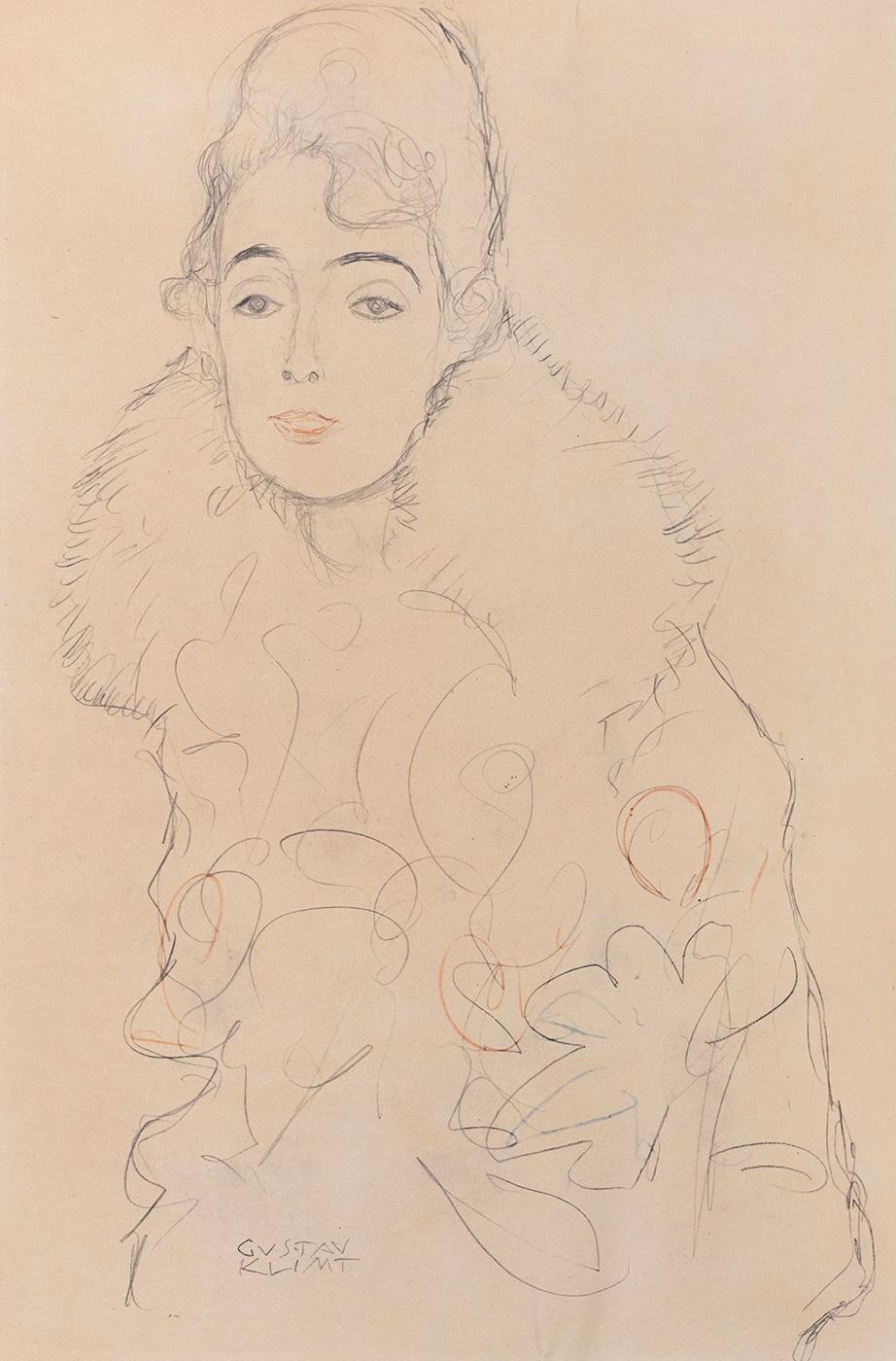 Woman wearing fur collar in three-quarter profile (Plate 23) by Gustav Klimt - Print by (after) Gustav Klimt