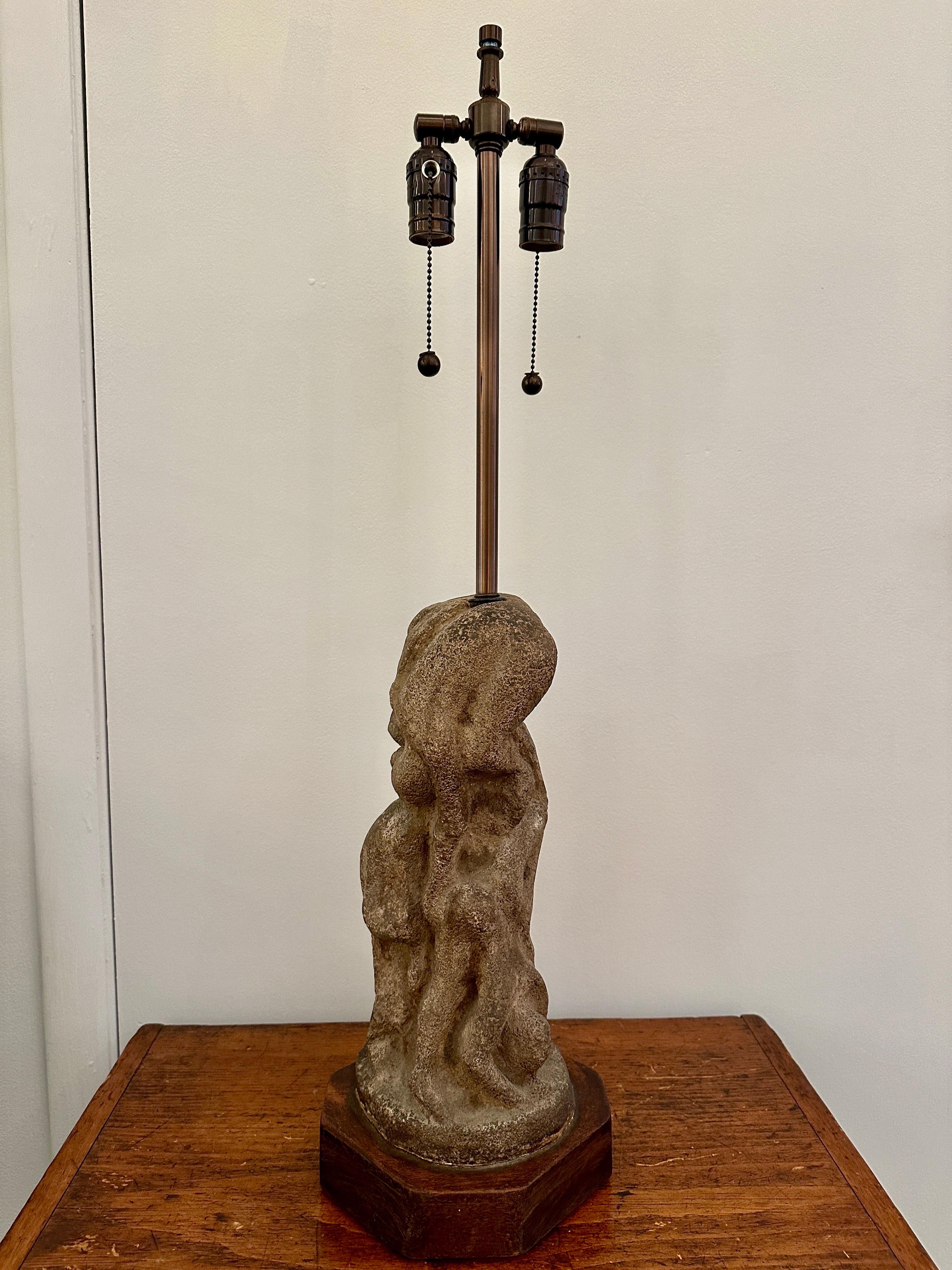 After H. Moore Carved Stone Table Lamp For Sale 4