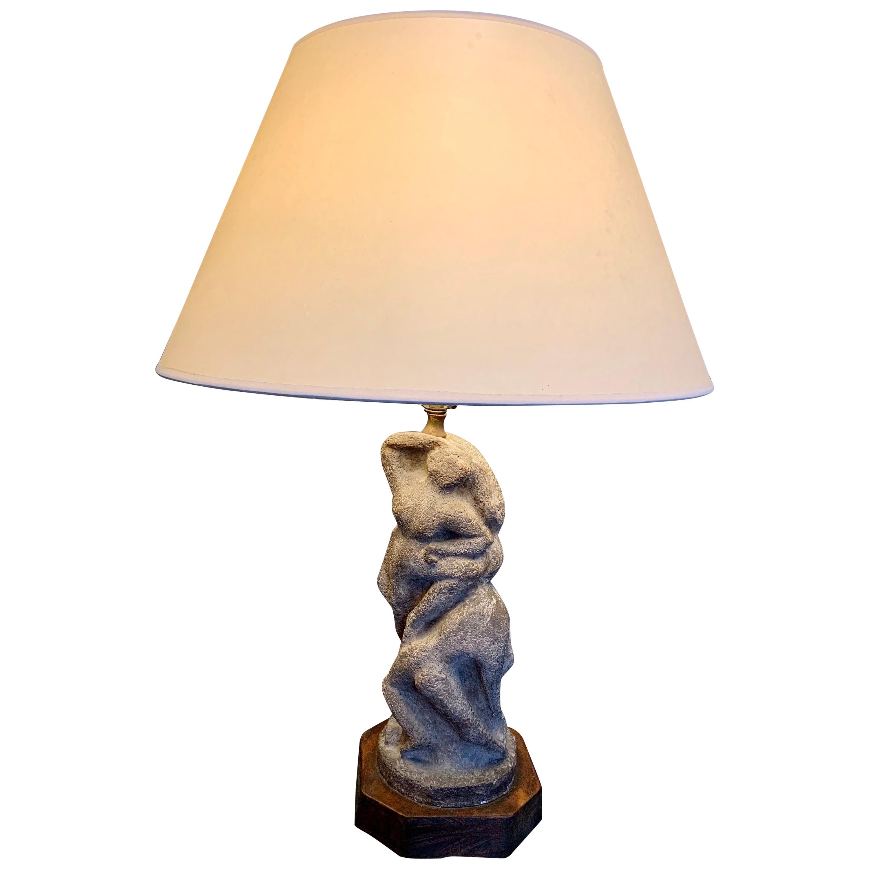 After H. Moore Carved Stone Table Lamp