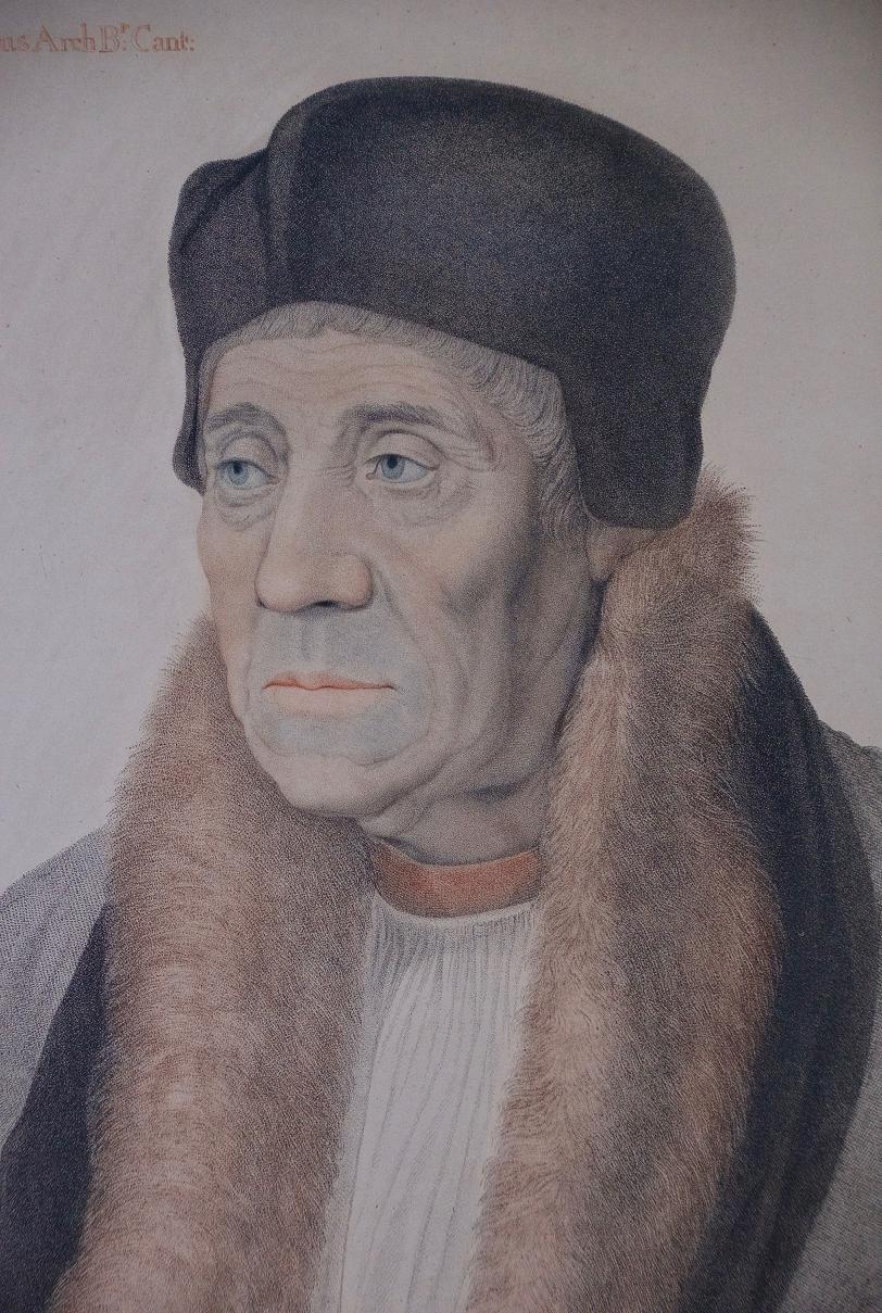 Ritratto di Warham, arcivescovo di Canterbury per Enrico VIII, colorato a mano da Holbein - Print di (After) Hans Holbein The Younger