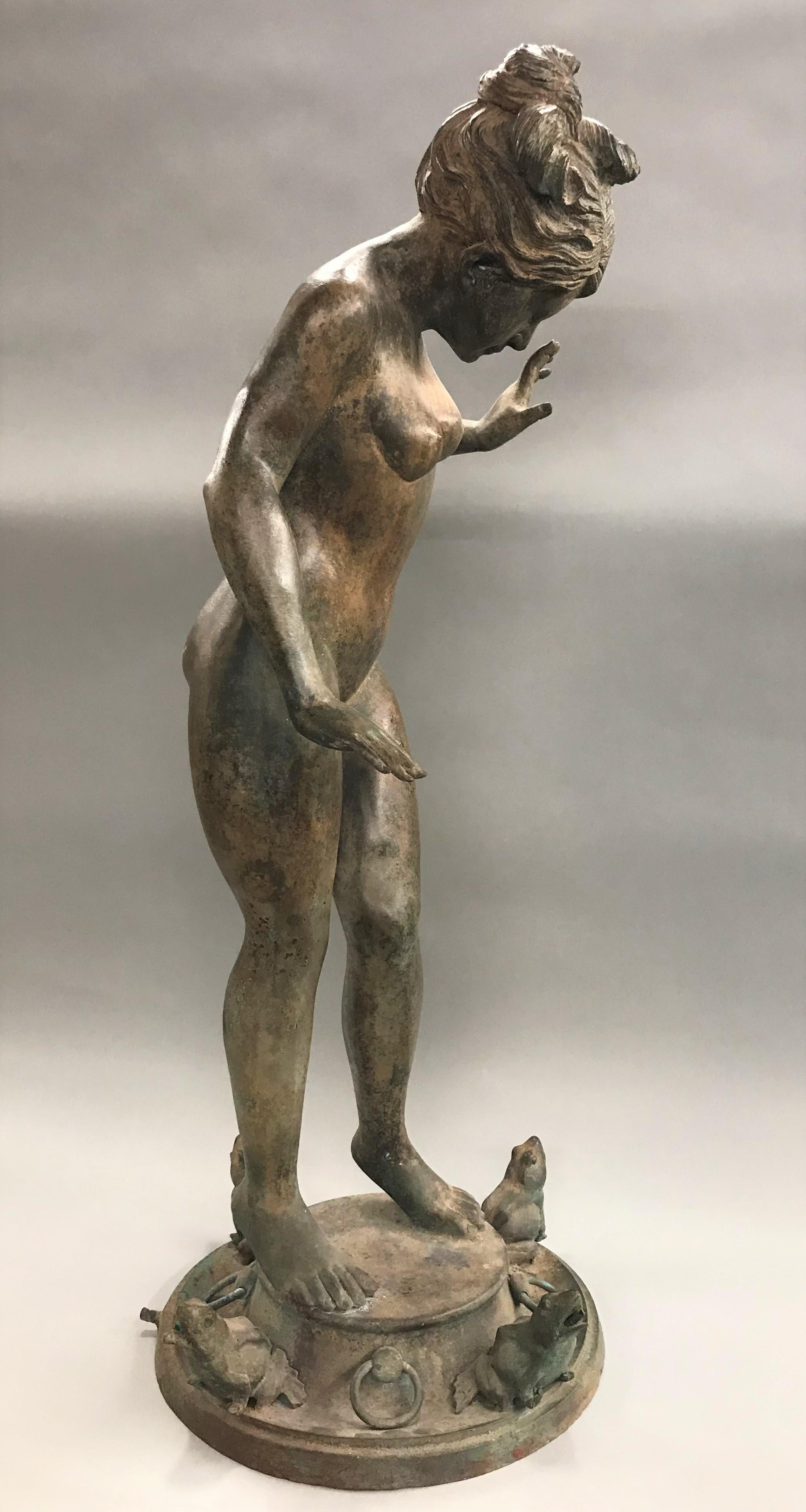 A fine bronze fountain of a nude young woman after Harriet Whitney Frishmuth, (1880-1980). Her original works of this fountain date to circa 1925. This work is unsigned, dating to the mid-late 20th century, with great patina and minor surface