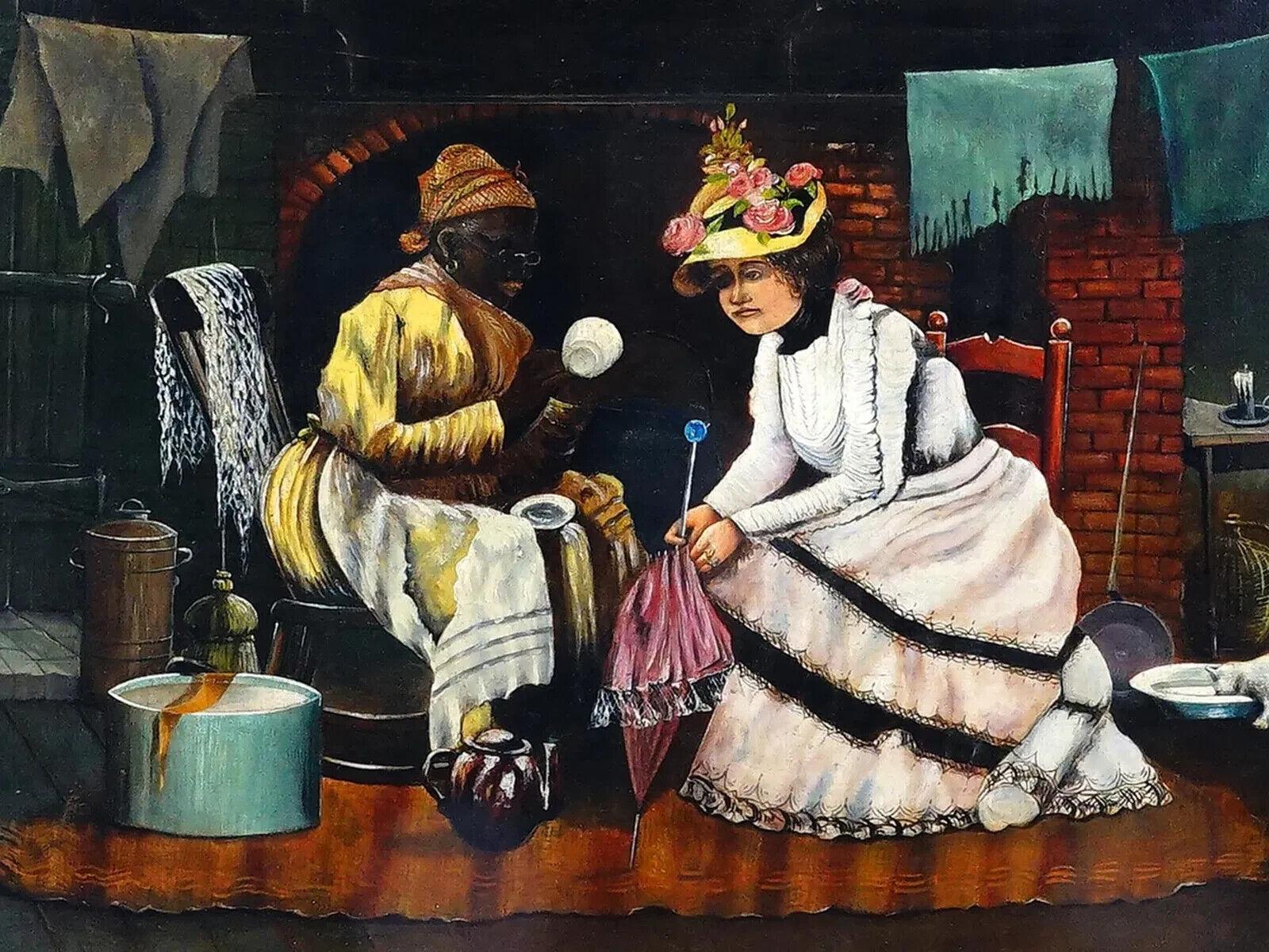 Dipinto a olio su tela. Dopo Harry Roseland, dal 1867 al 1950, un artista di genere americano noto soprattutto per i suoi dipinti incentrati sui poveri afroamericani. Uno dei suoi soggetti più popolari erano i dipinti di cartomanti nere che
