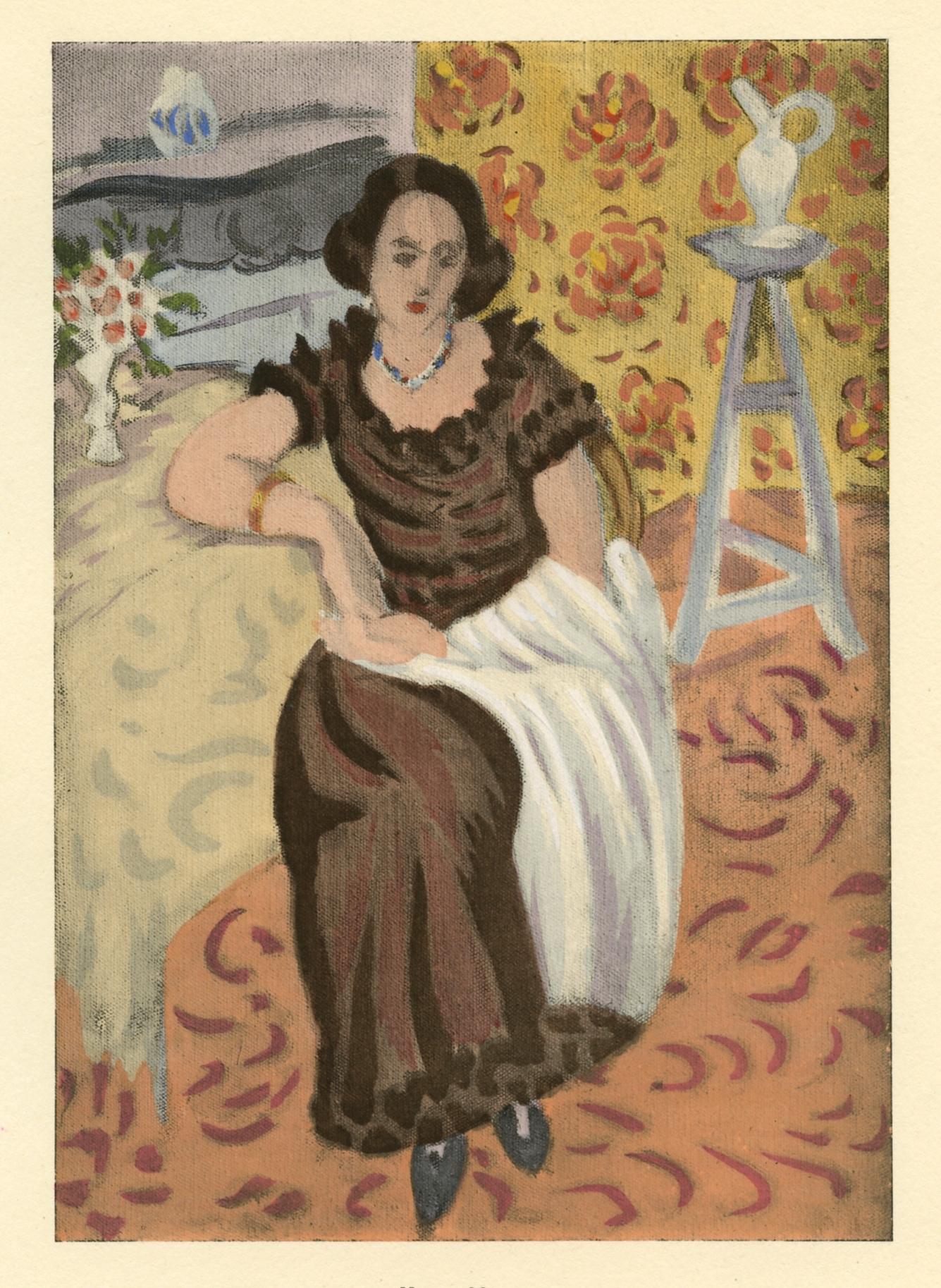 (after) Henri Matisse Portrait Print - "Femme en robe brune" pochoir