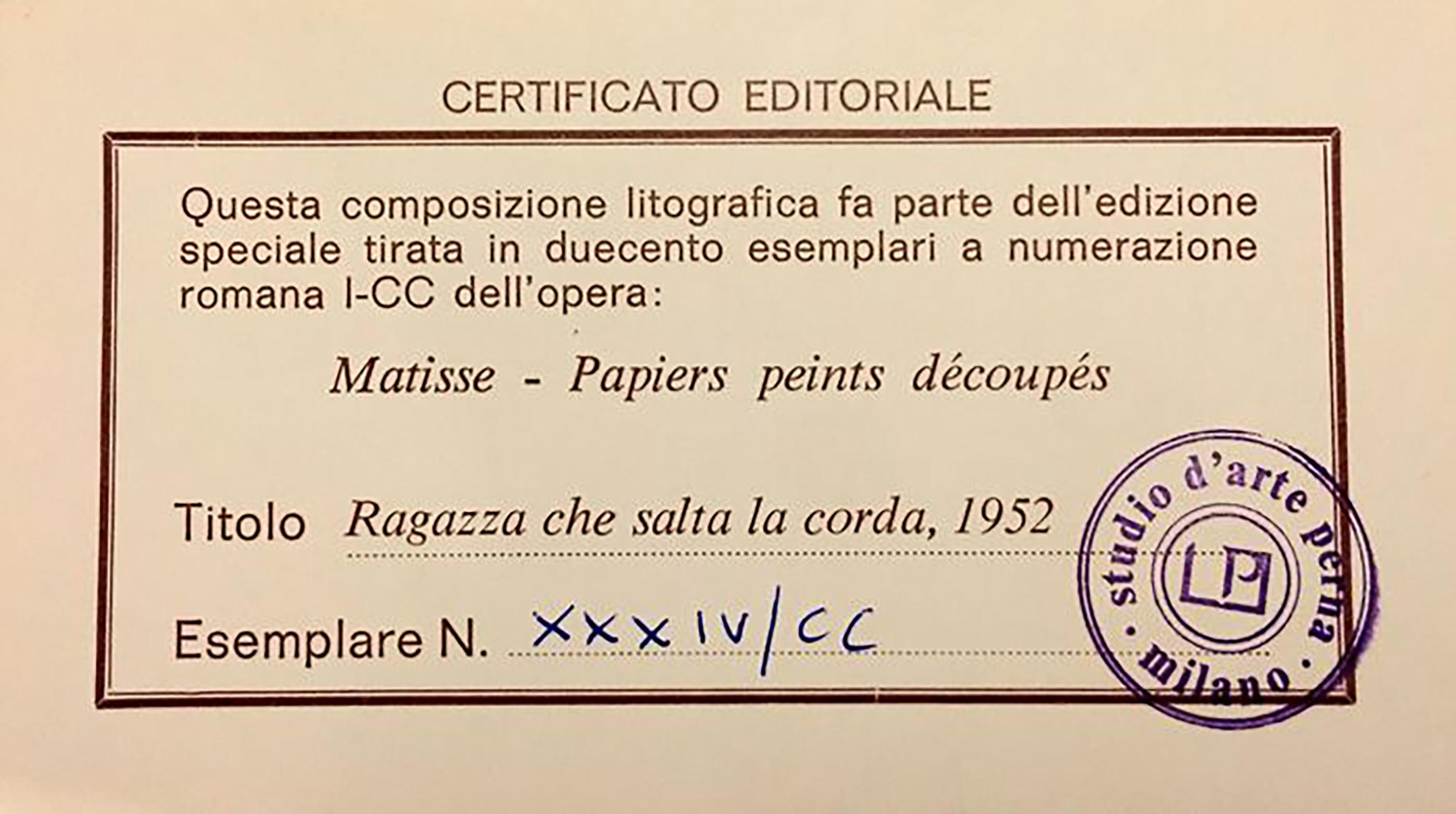 Paper After Henri Matisse Ragazza Che Salta La Corda 'Rope Jumping Girl', Certificate For Sale