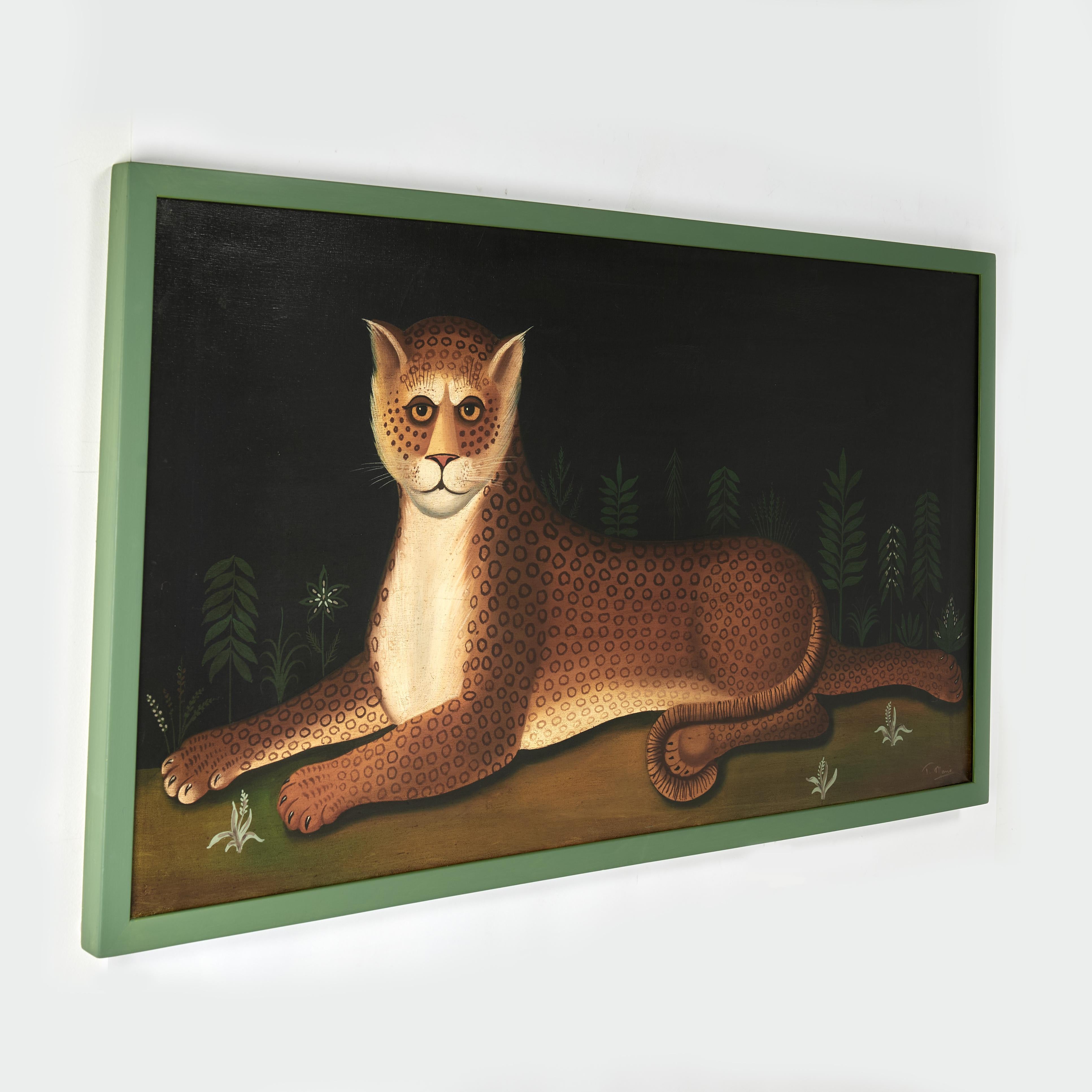 
Intriguing vintage acrylic painting on canvas of a leopard in repose glowing in the light of the moon, executed in a unique naive style with a reference to French impressionist Henri Rousseau. Presented in a painted wood frame and signed T. Mario