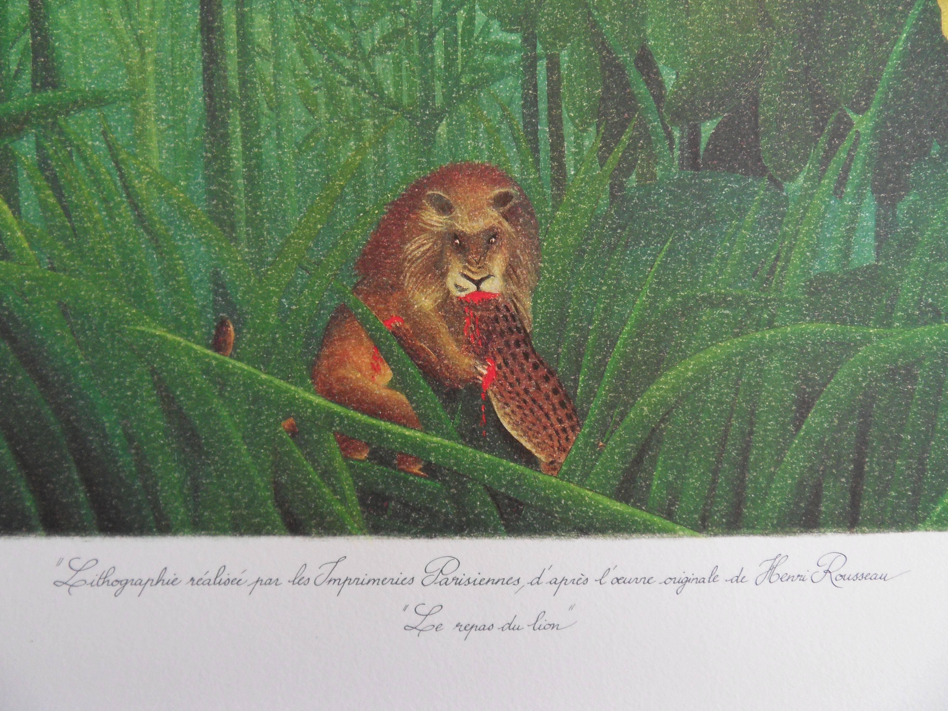 Henri ROUSSEAU (called Le Douanier ROUSSEAU) (after)
The meal of the Lion

Stone lithograph after a painting
Printed signature in the plate
Numbered /300 copies
On vellum 57 x 75 cm (c. 23 x 30i n)

Information : This lithograph was created after