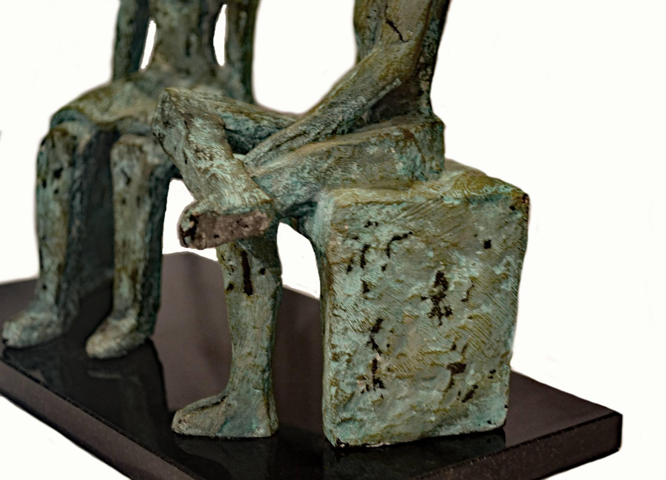 American After Henry Moore, a Vintage Bronze Sculpture of Two Figures Seated on a Bench