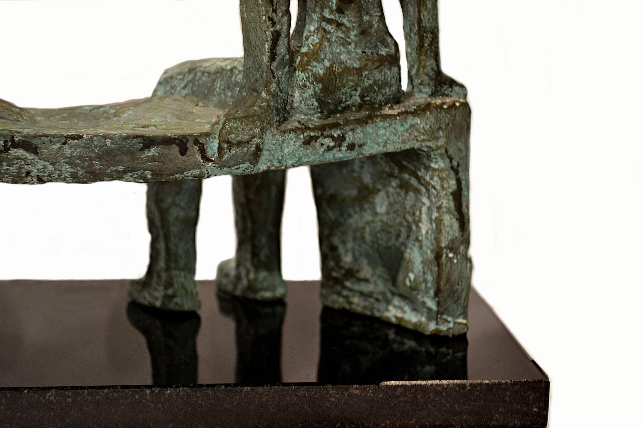 Hand-Carved After Henry Moore, a Vintage Bronze Sculpture of Two Figures Seated on a Bench