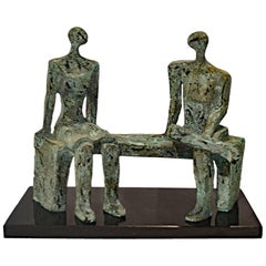 After Henry Moore, a Vintage Bronze Sculpture of Two Figures Seated on a Bench