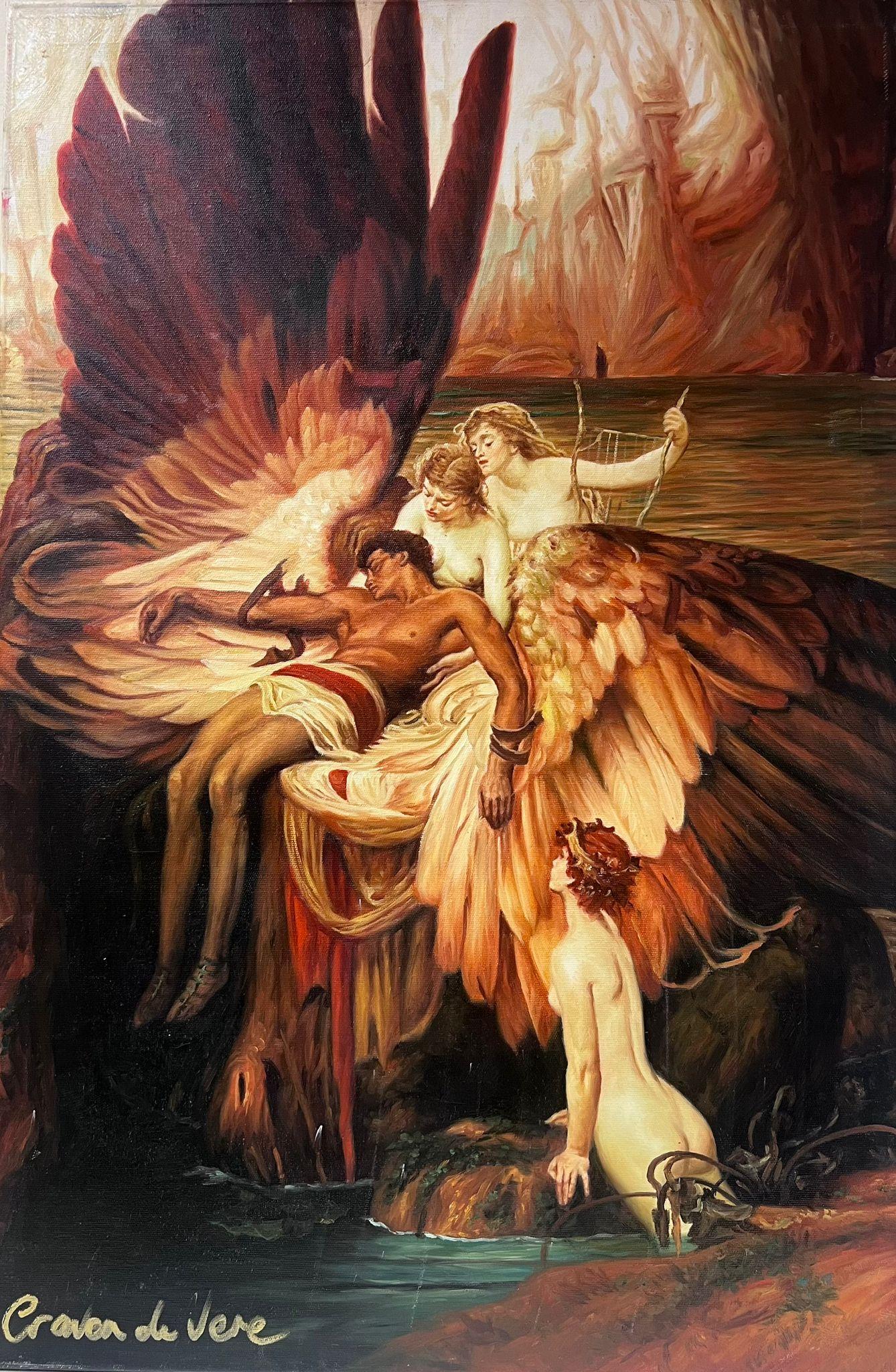 after Herbert James Draper Figurative Painting – The Lament of Icarus, großes signiertes Ölgemälde auf Leinwand, mythologische Akte