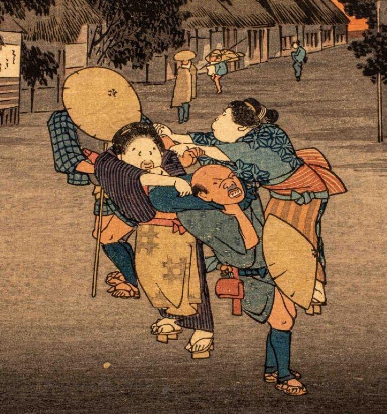 Nach Hiroshige „Goyu Tabibito Tomeonna“ Holzschnitt im Zustand „Gut“ im Angebot in New York, NY