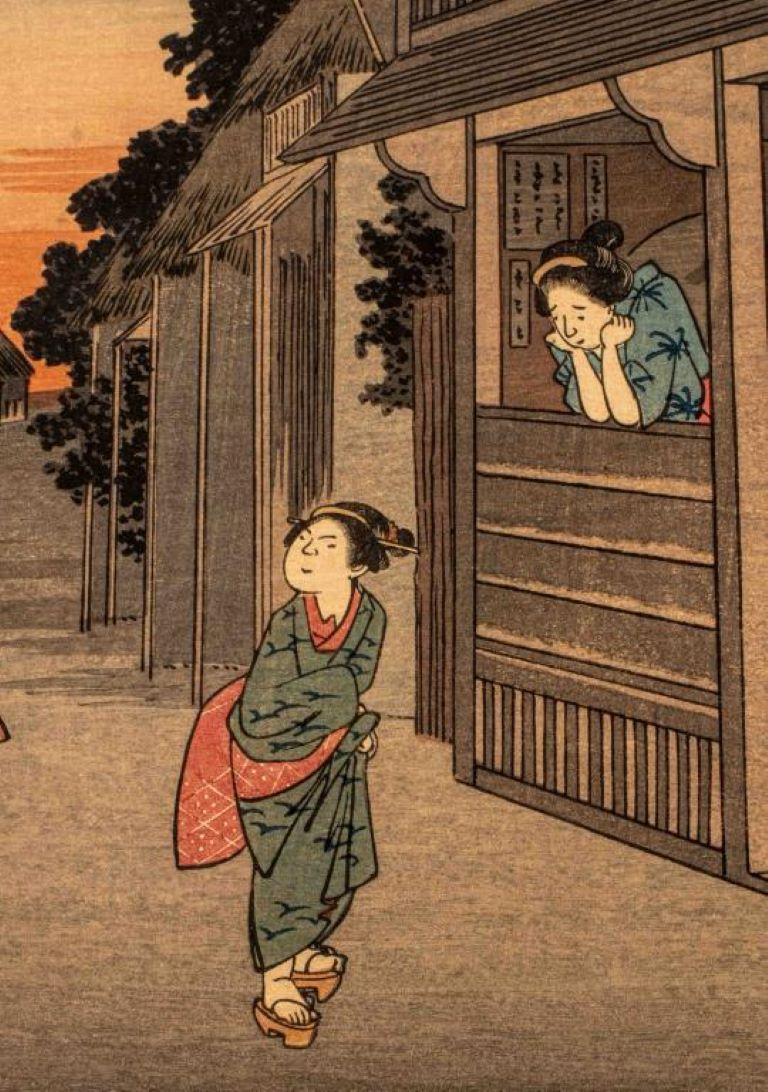 Nach Hiroshige „Goyu Tabibito Tomeonna“ Holzschnitt (Papier) im Angebot