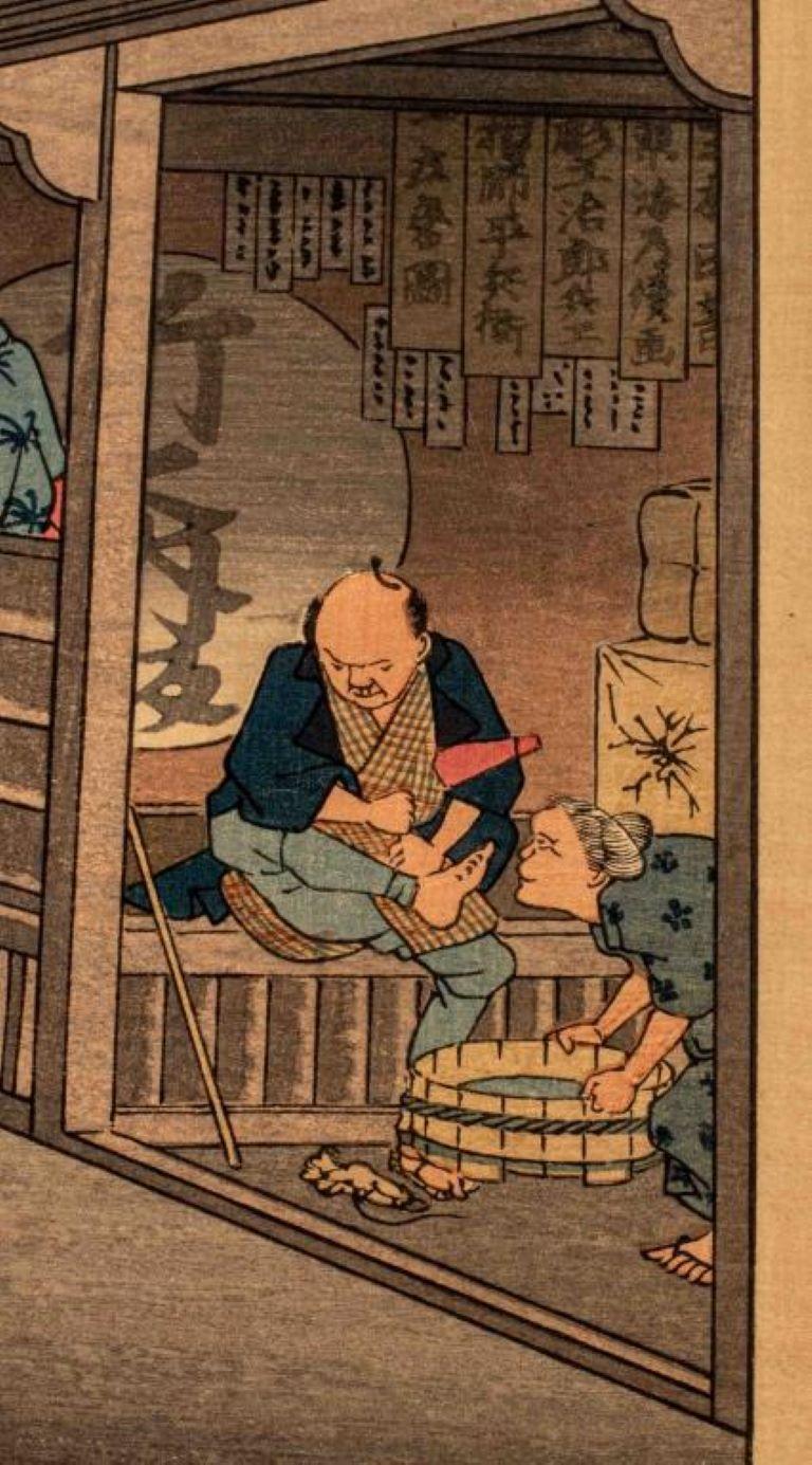 Nach Hiroshige „Goyu Tabibito Tomeonna“ Holzschnitt im Angebot 1