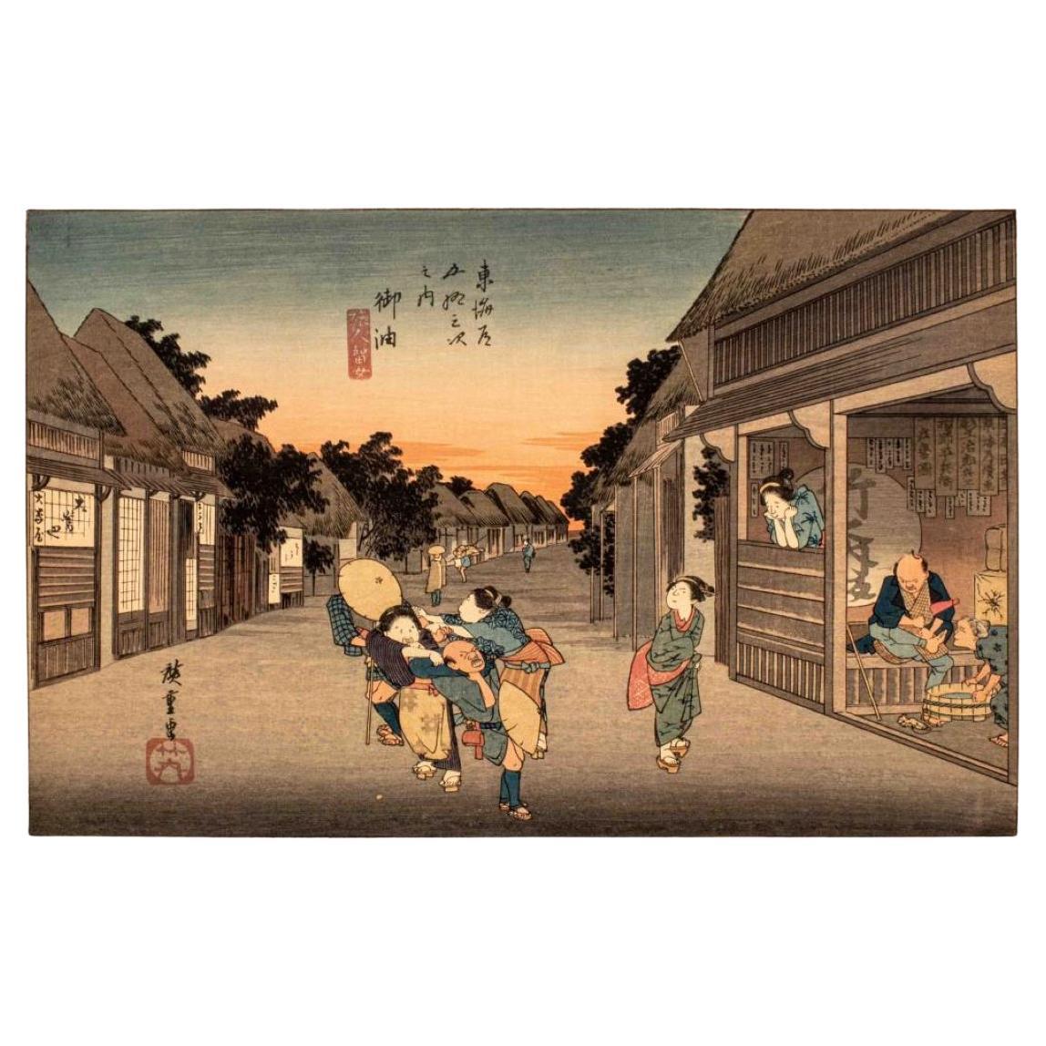 Nach Hiroshige „Goyu Tabibito Tomeonna“ Holzschnitt im Angebot