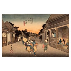 Nach Hiroshige „Goyu Tabibito Tomeonna“ Holzschnitt