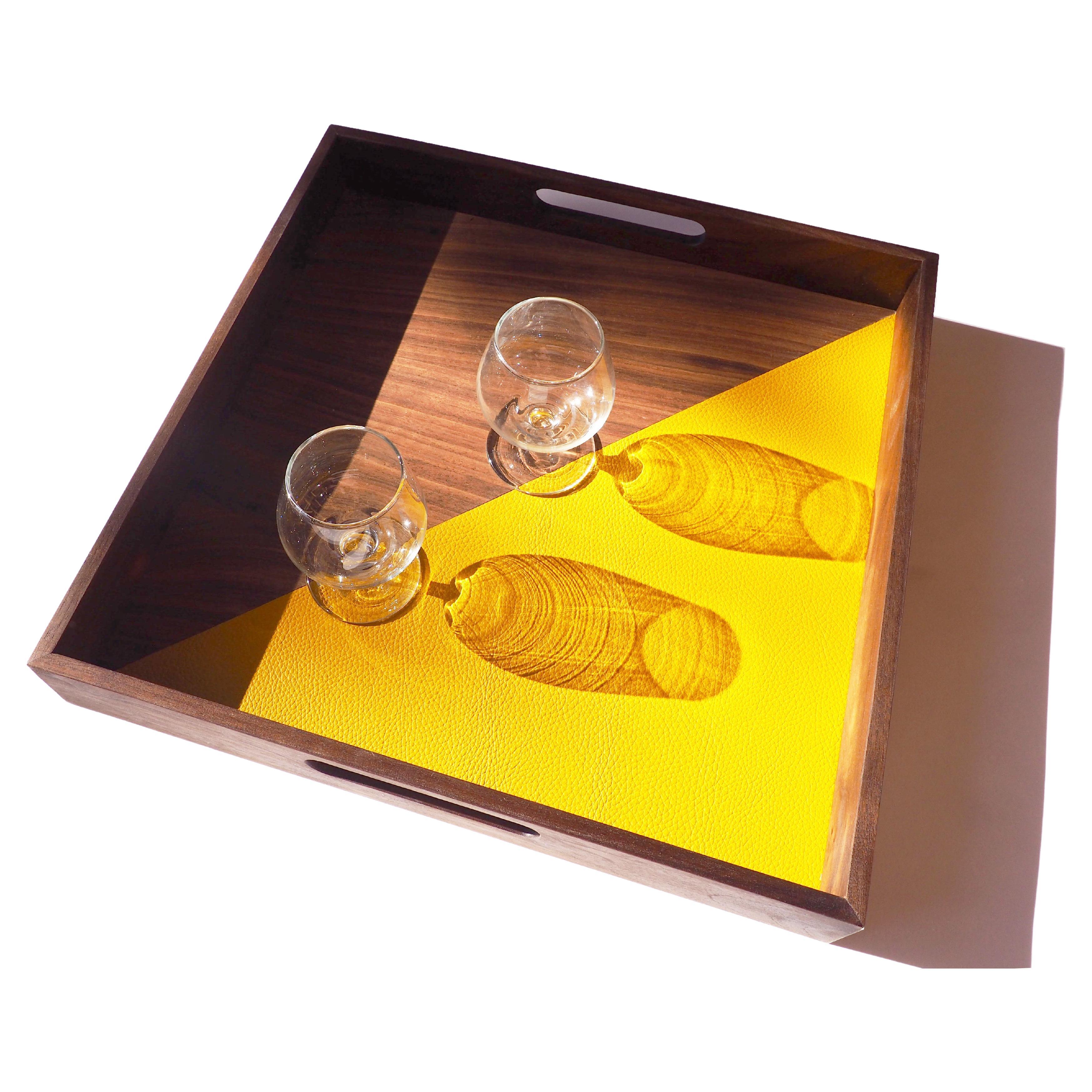 "After Hours" Contemporary square tray in walnut and leather by Atelier C.u.b For Sale