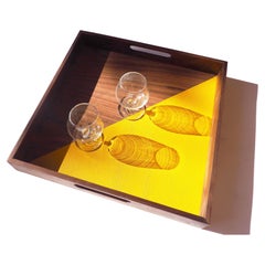 "After Hours" Contemporary square tray in walnut and leather by Atelier C.u.b