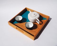 "After Hours" Contemporary square tray in wood and leather by Atelier C.u.b