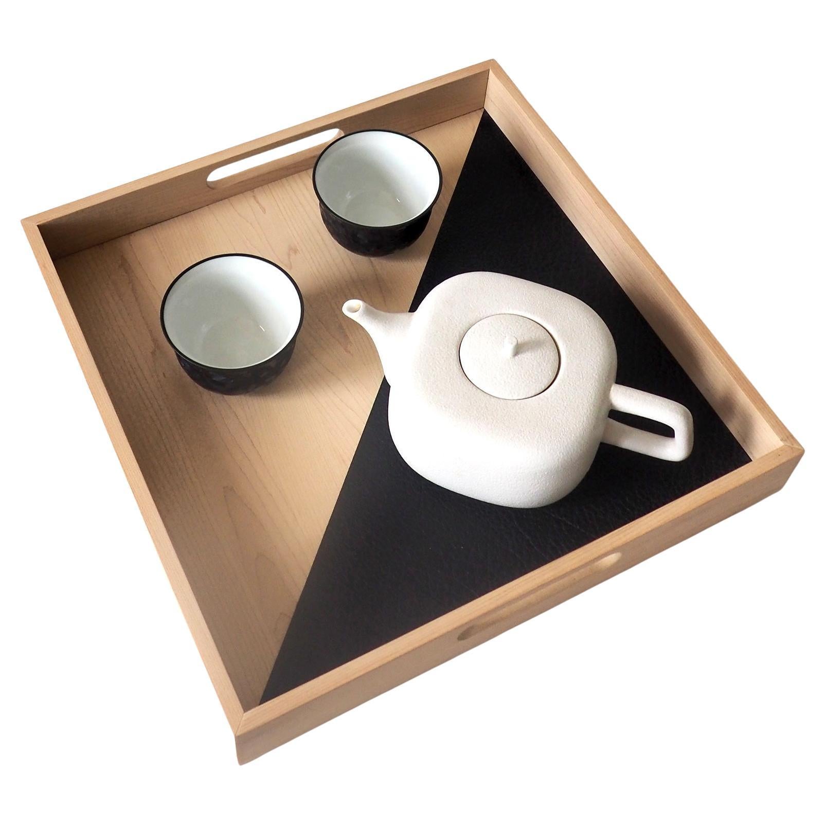 "After Hours" Square tray in maple and black leather by Atelier C.u.b For Sale
